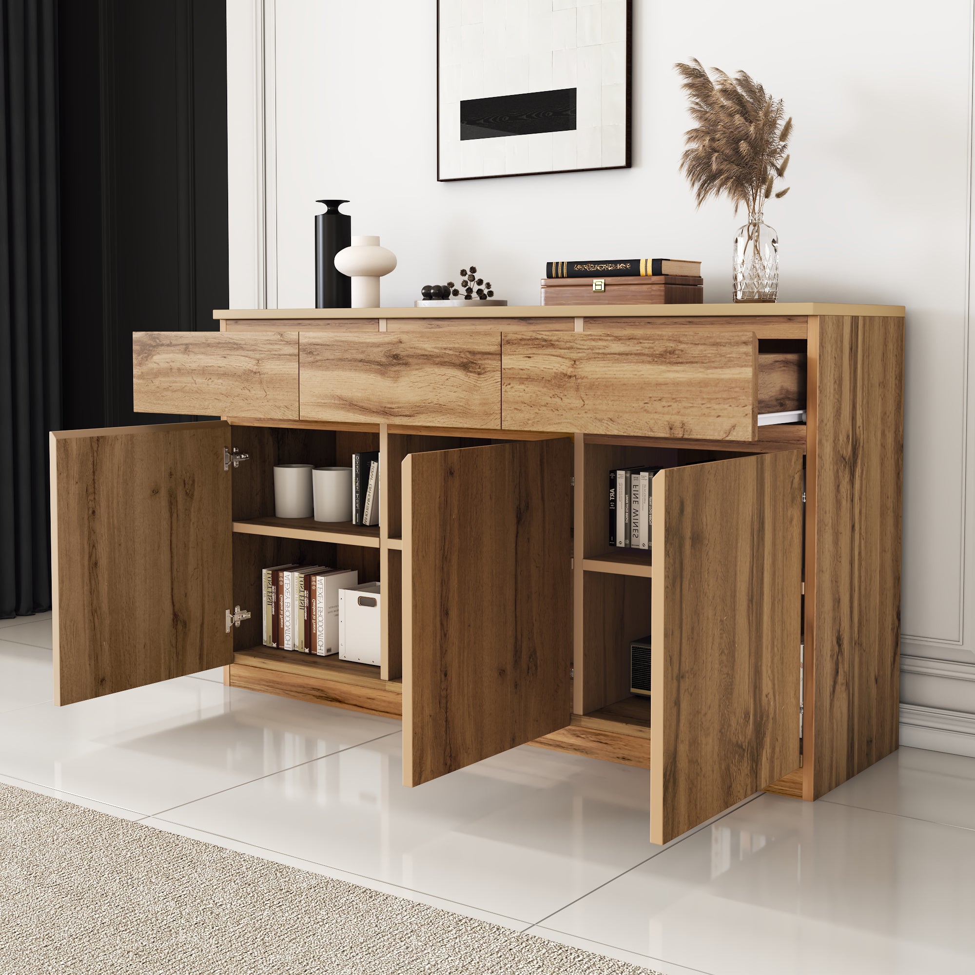 Multifunctional Sideboard, 3 Doors 3 Drawers Cabinet, Authentic Wood Look