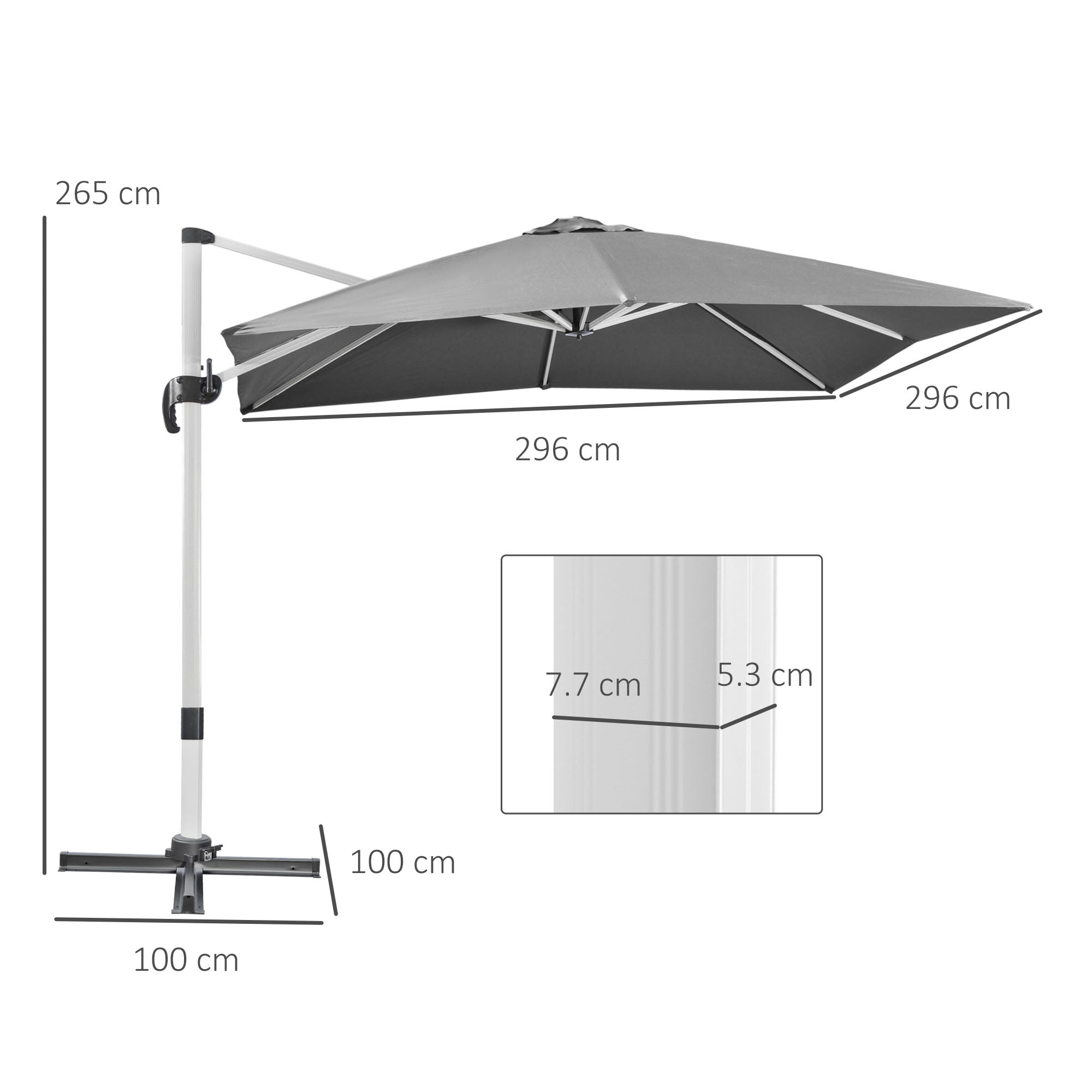 Cantilever Roma Parasol, Square Garden Umbrella with Cross Base, Crank, Tilt, 360° Rotation, Aluminium Frame, Grey