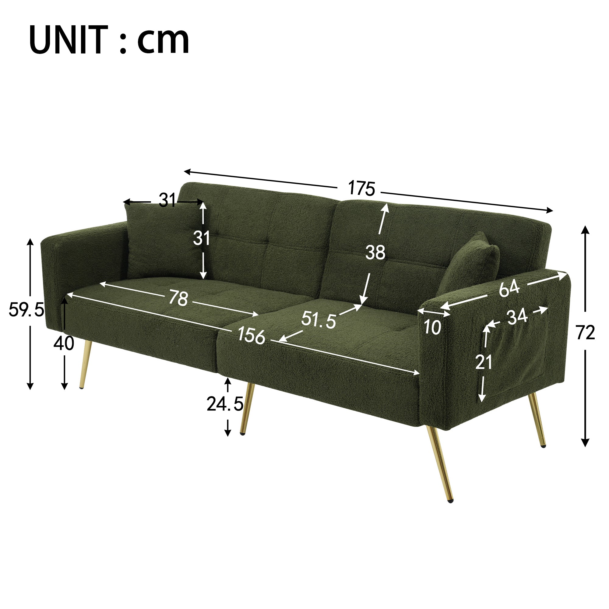 Sofa Bed Adjustable Angle, Gold Legs, Storage Pockets and Cushions
