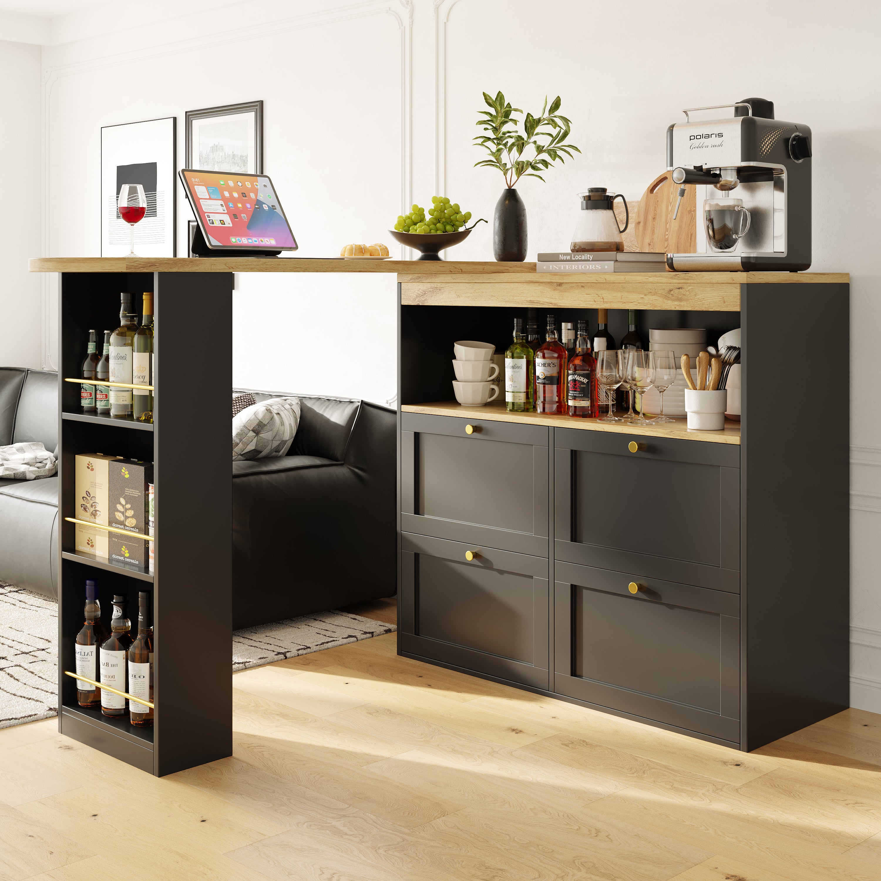 360° Rotating Bar Table with 4 Drawers and Open Shelves Storage