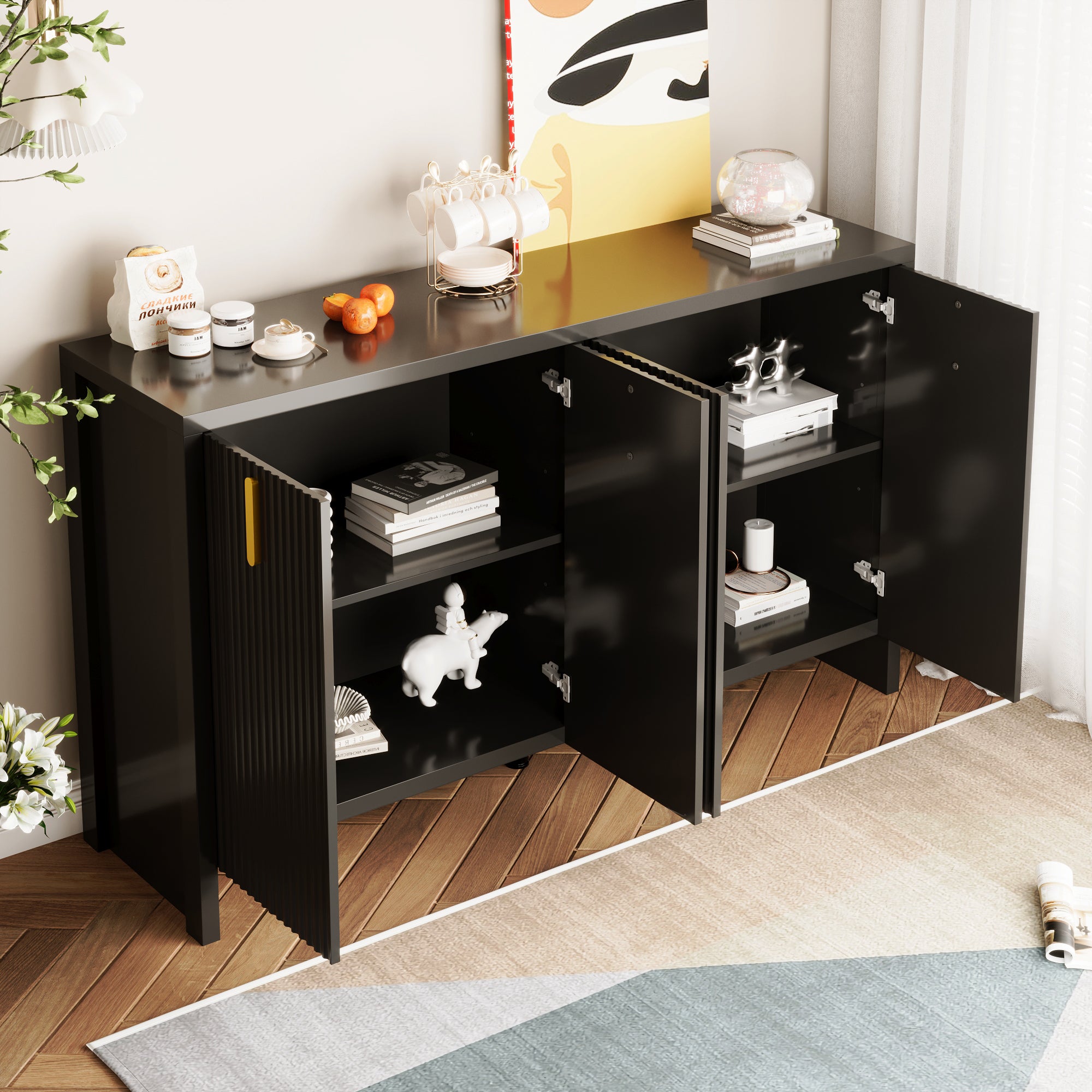 Sideboard, Minimalist with Flexible Storage, Gold Handles & Adjustable Dividers, Black