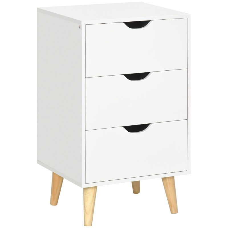 Bedside Table with 3 Drawers, Wood Legs, White