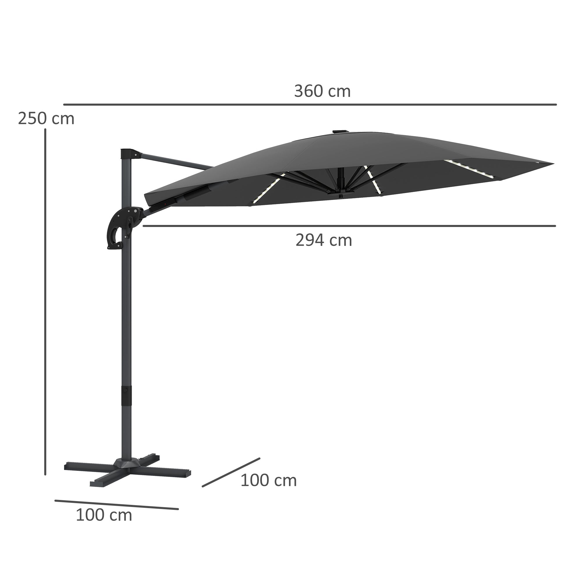 Cantilever Garden Parasol, Solar Powered Lights, Crank Handle, Cross Base, UPF 50+, 360° Rotation, Dark Grey