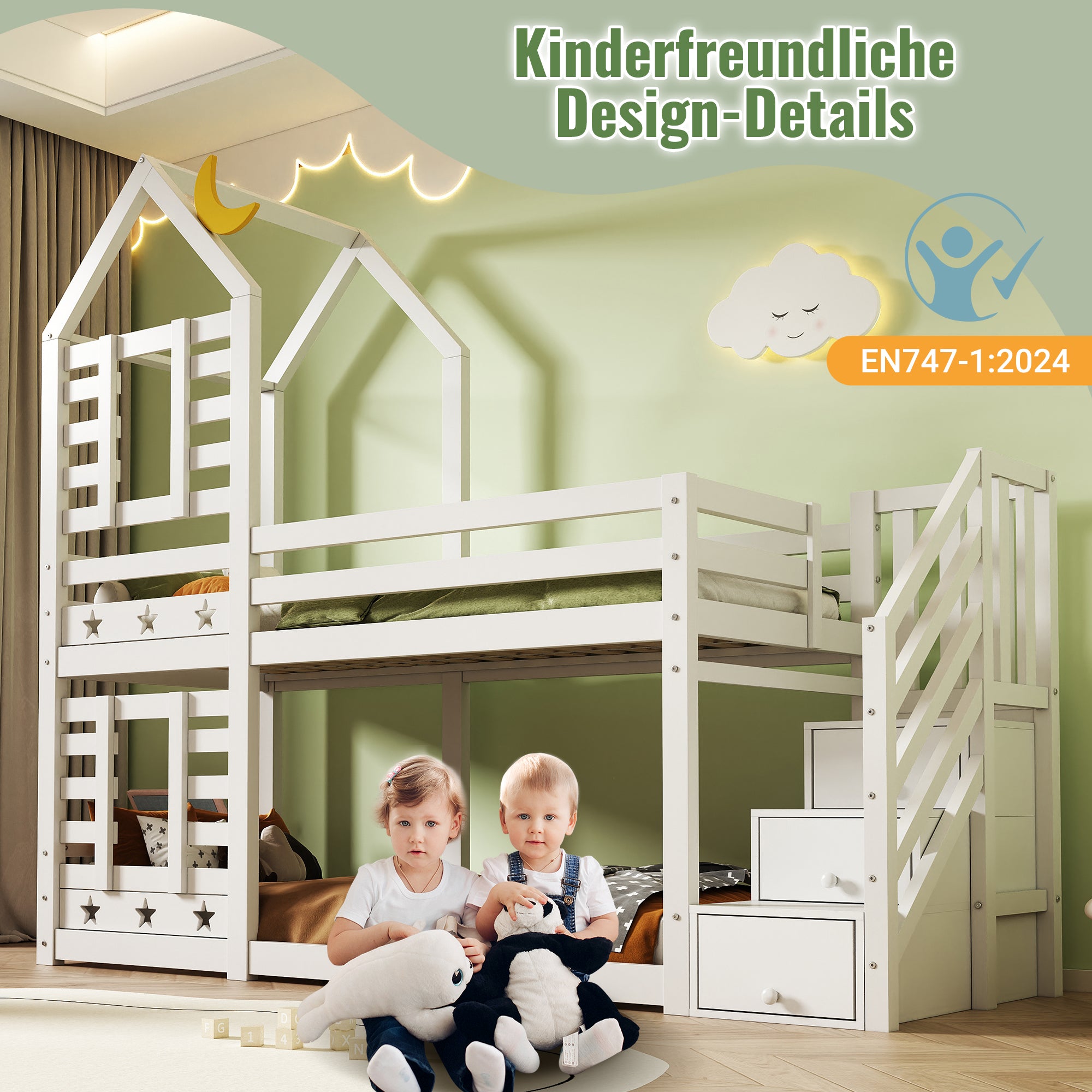 Children's Bed, Tree House Bunk Bed with Drawers & Fall Protection, White
