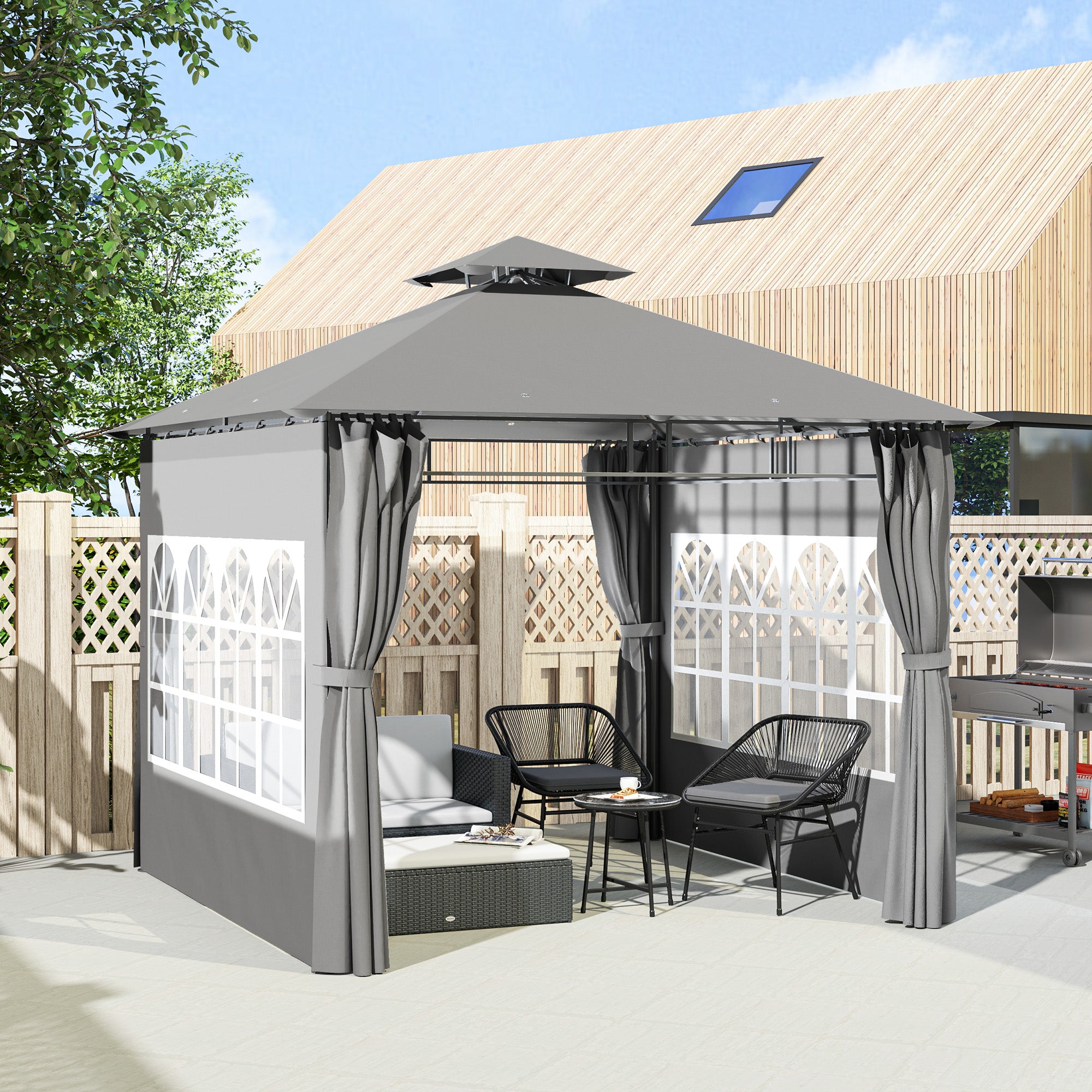 Garden Gazebo 3x3m Double Roof with Sidewalls, Light Grey