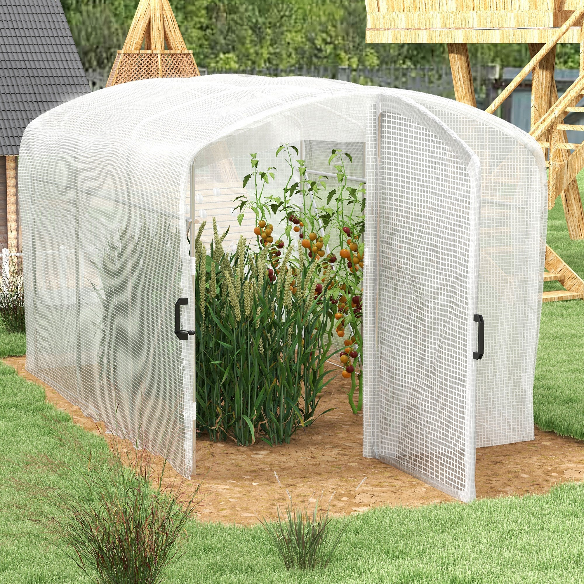 Polytunnel Greenhouse Walk-in Grow House, Door, Galvanised Steel Frame, 2 x 3 x 2m, White