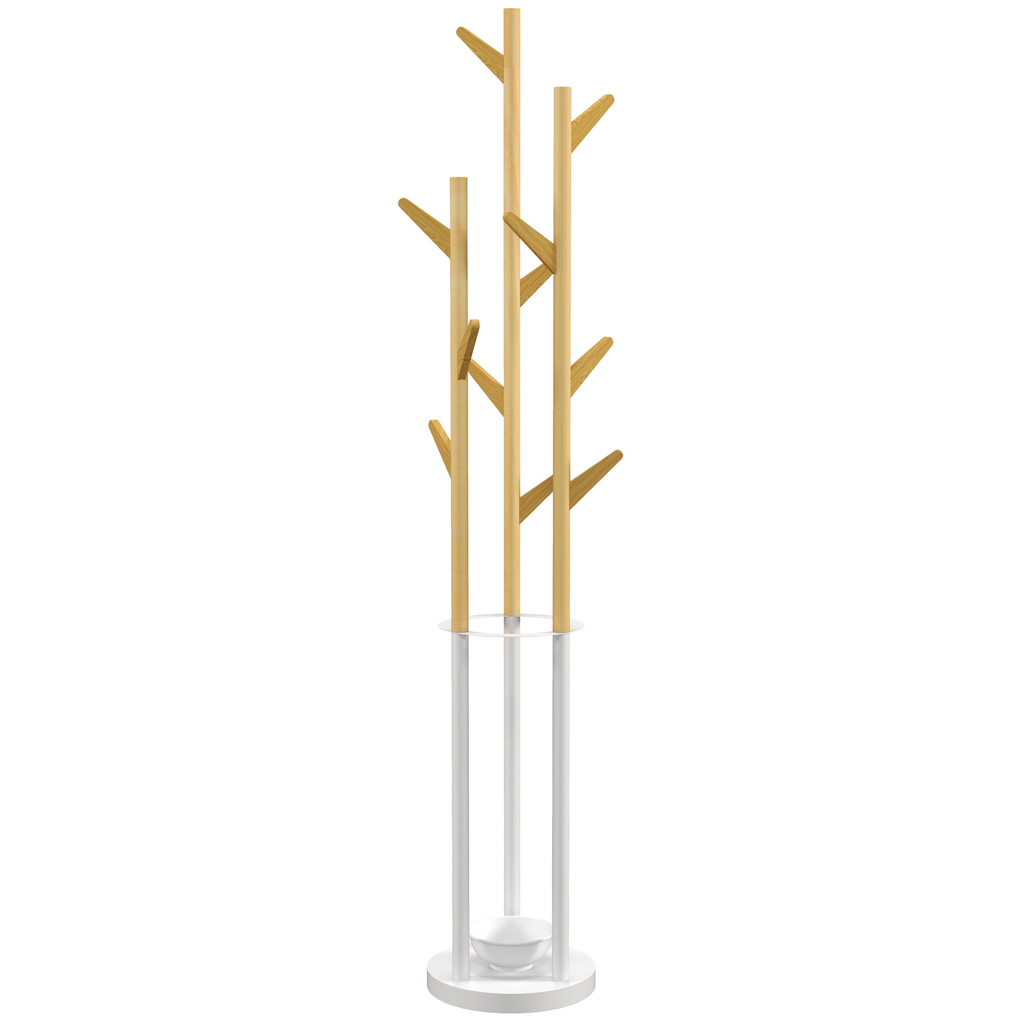 Coat Rack with Umbrella Stand, 13 Hooks, Metal and Bamboo, Natural and White