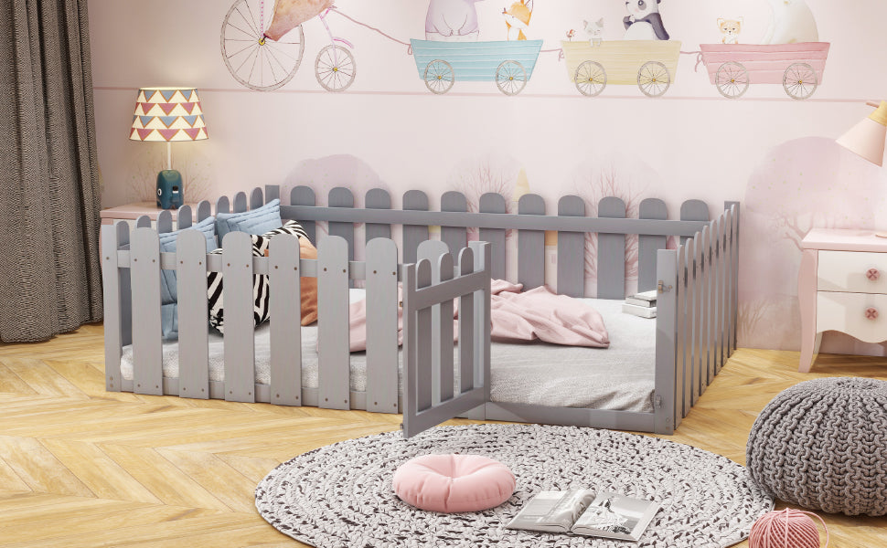 Children's bed 140x200cm wooden bed frame with border and door, grey