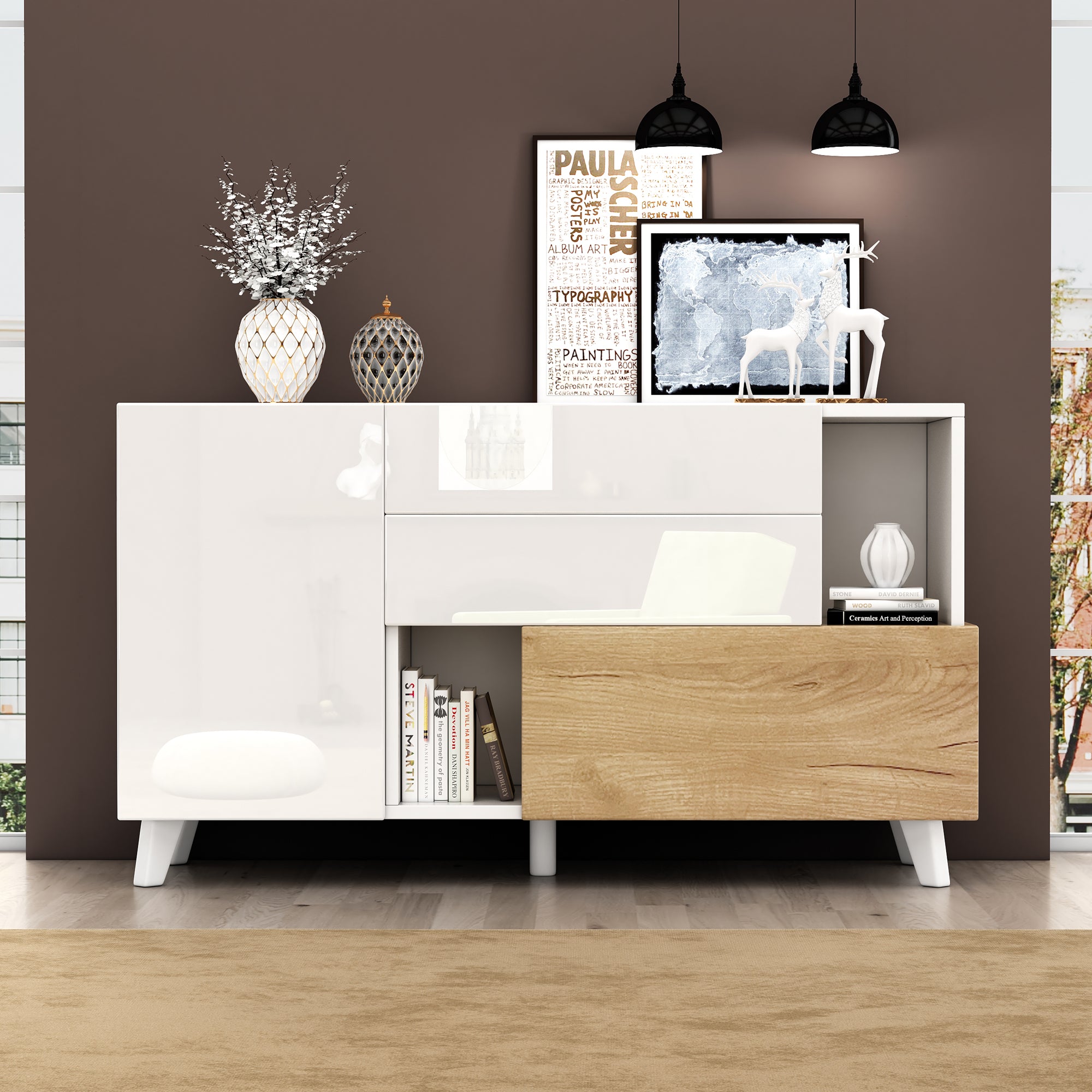 Sideboard, Storage, High-Gloss White Wood