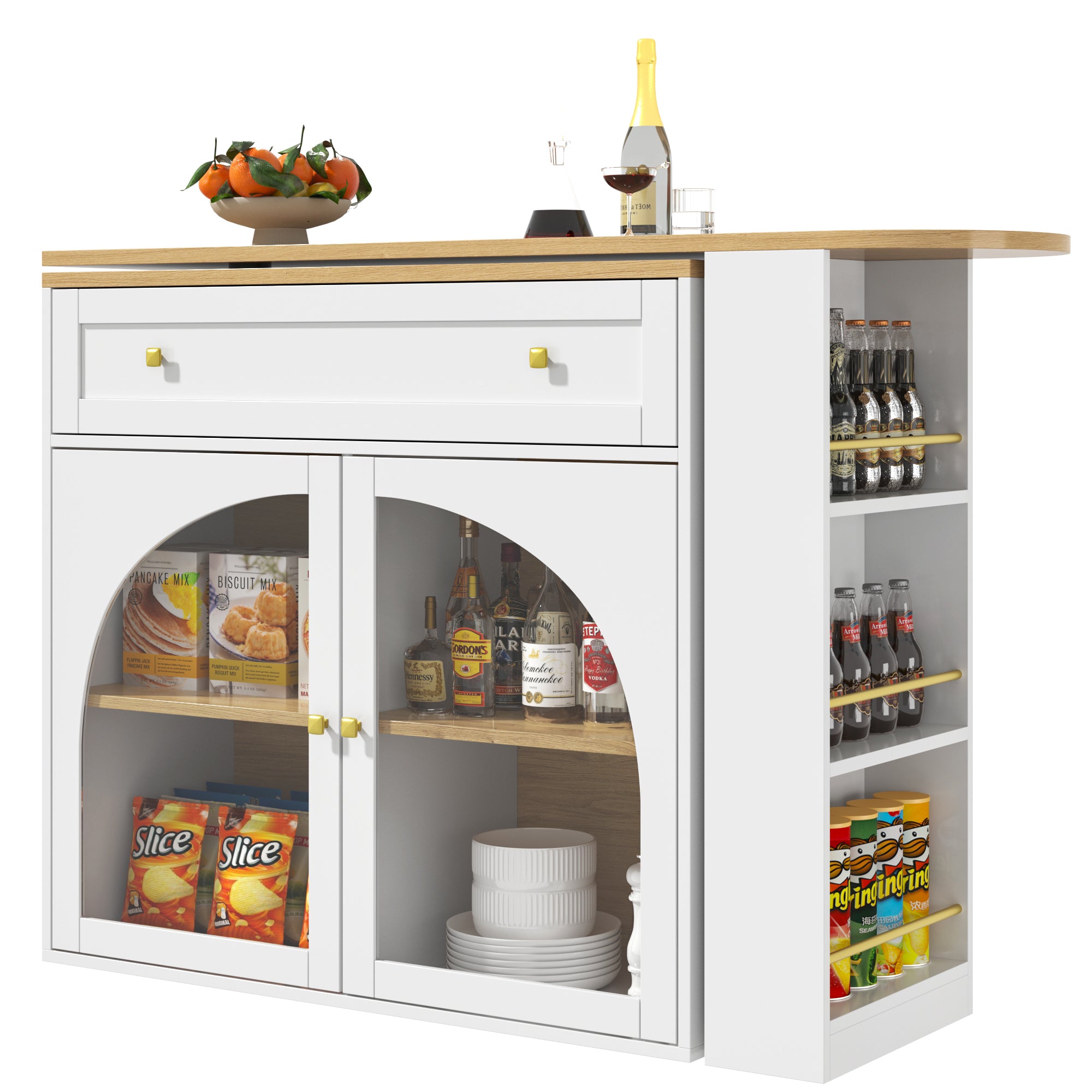 Bar Table Extendable 360° Rotating Storage with Shelves & Glass - White