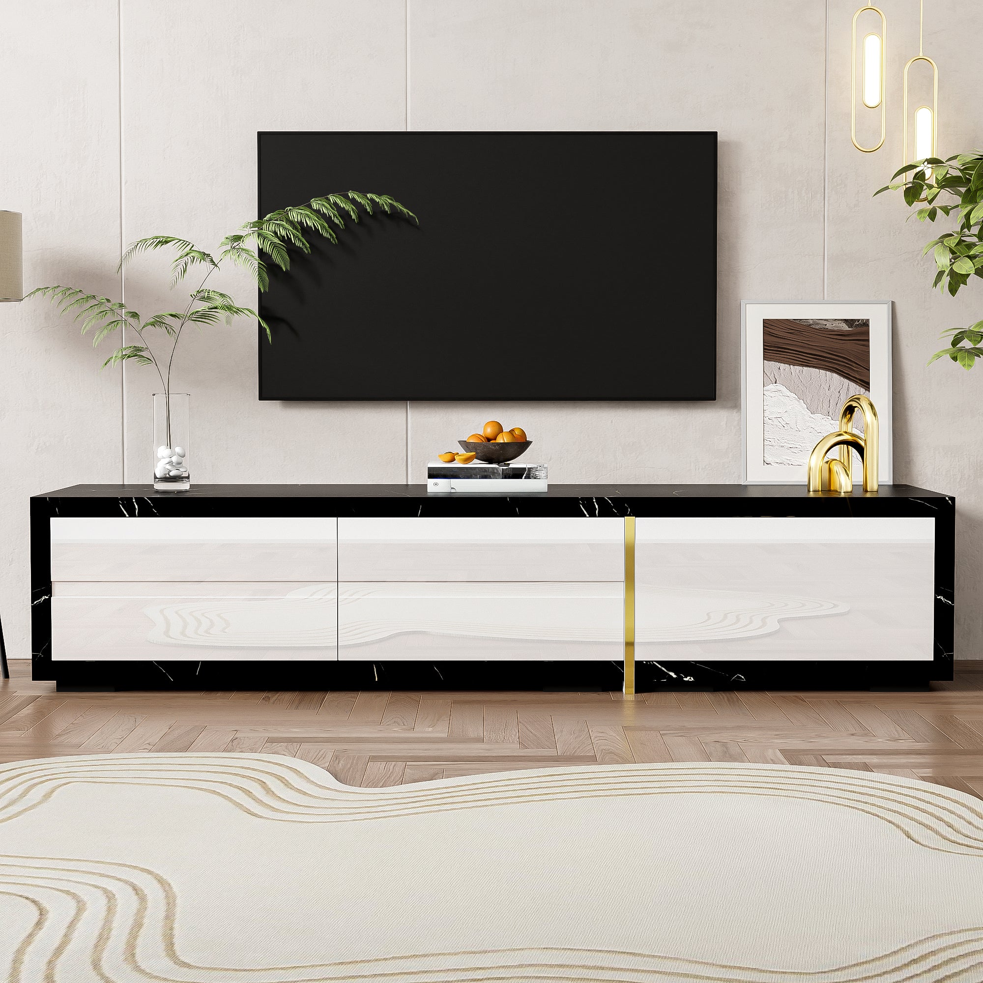 TV Cabinet, Adjustable Length (140-260 cm) Swivel, Black Marble, White High-Gloss Matte, Gold Trim