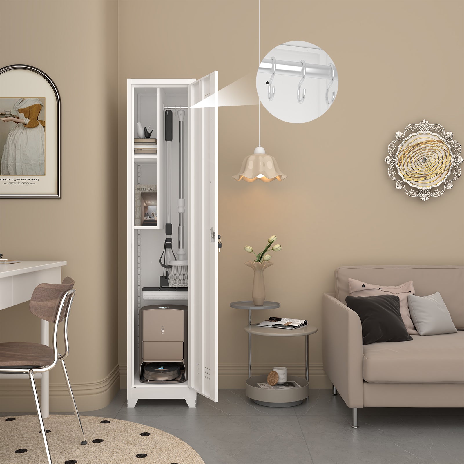 Slim Broom Storage Cabinet with Shelves, Hanging Rod and Locking Door, Metal