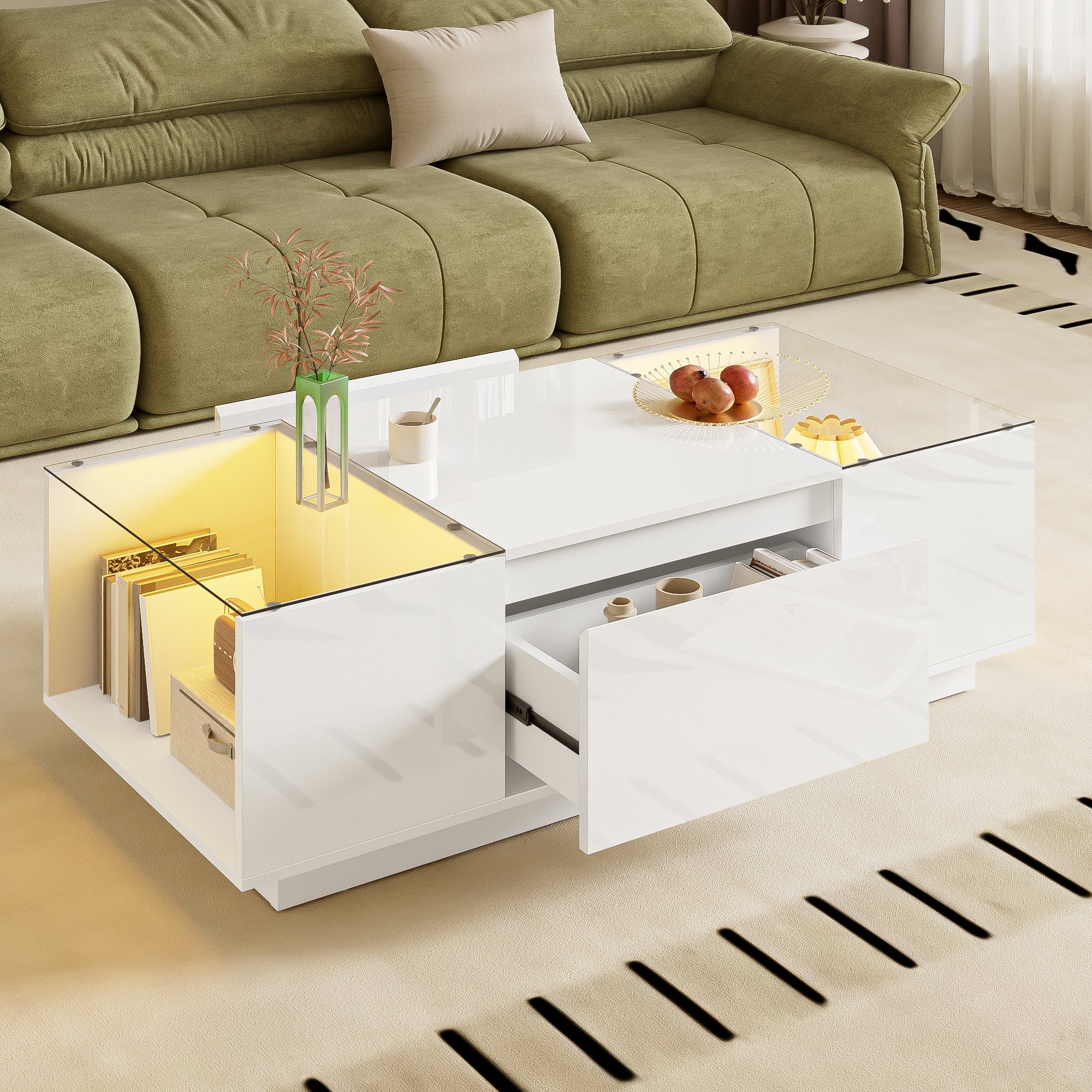 Coffee Table Modern Minimalist 105cm, Storage, LED, Glass Top, 2 Drawers