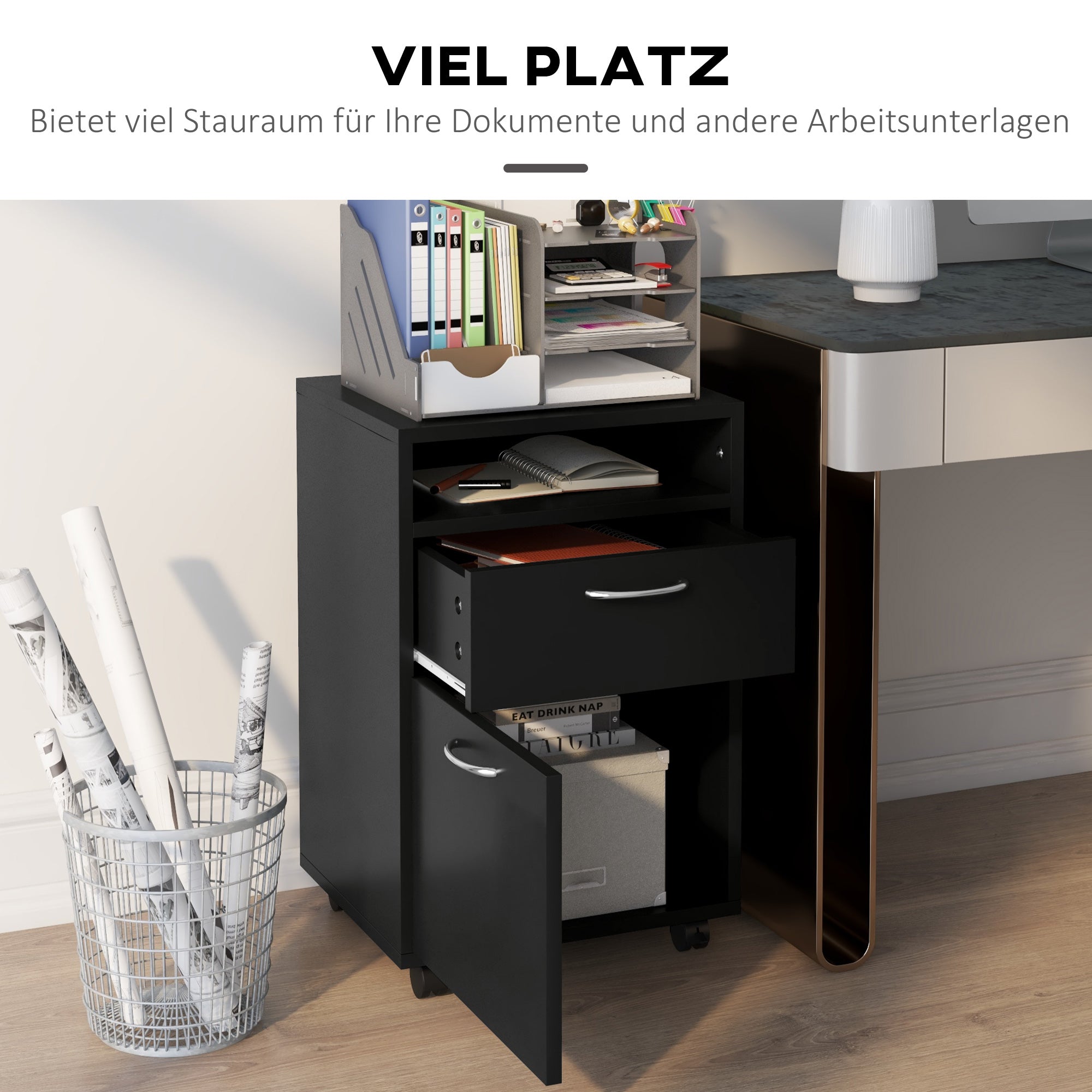 Mobile Filing Cabinet with Drawer, Space-Saving, Functional, Black