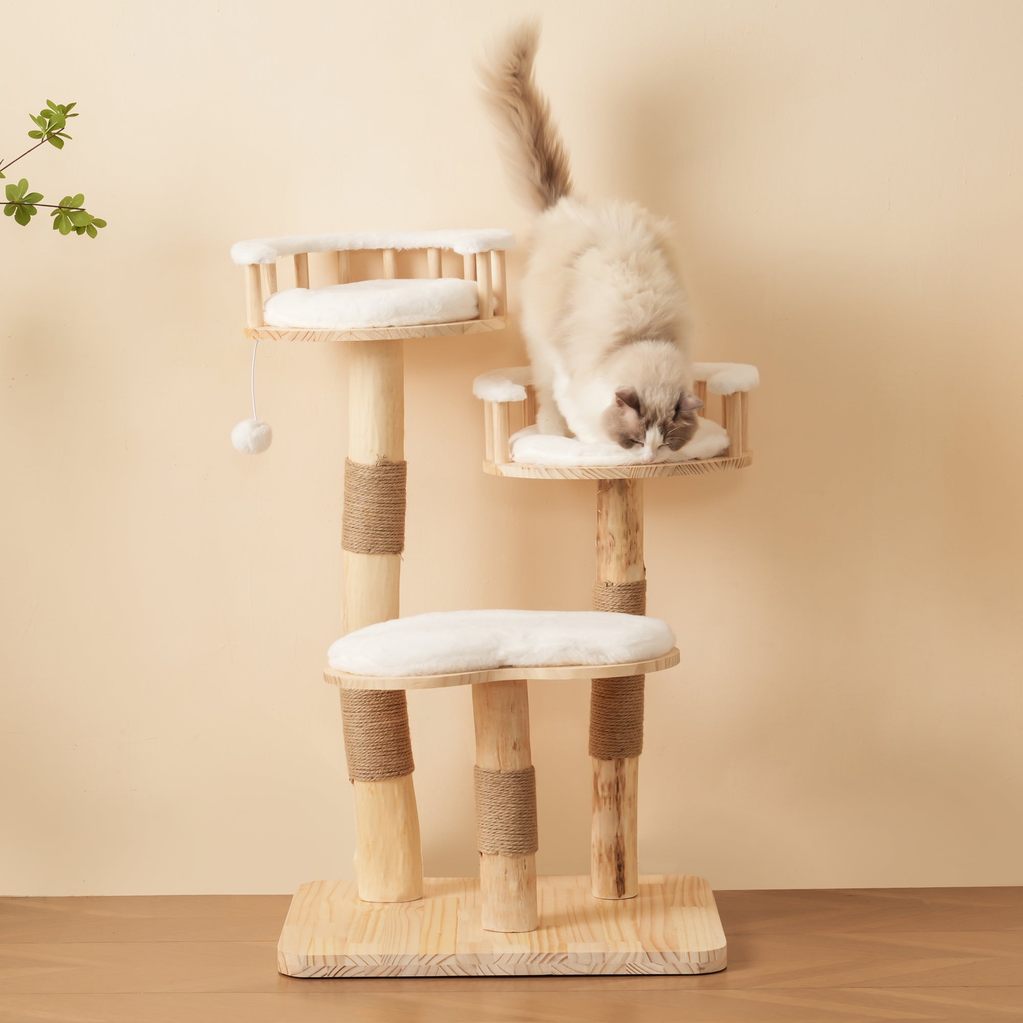 Designer Cat Climbing Frame, 98cm 3-Step Springboard Cloud Imitation, Solid Wood Natural
