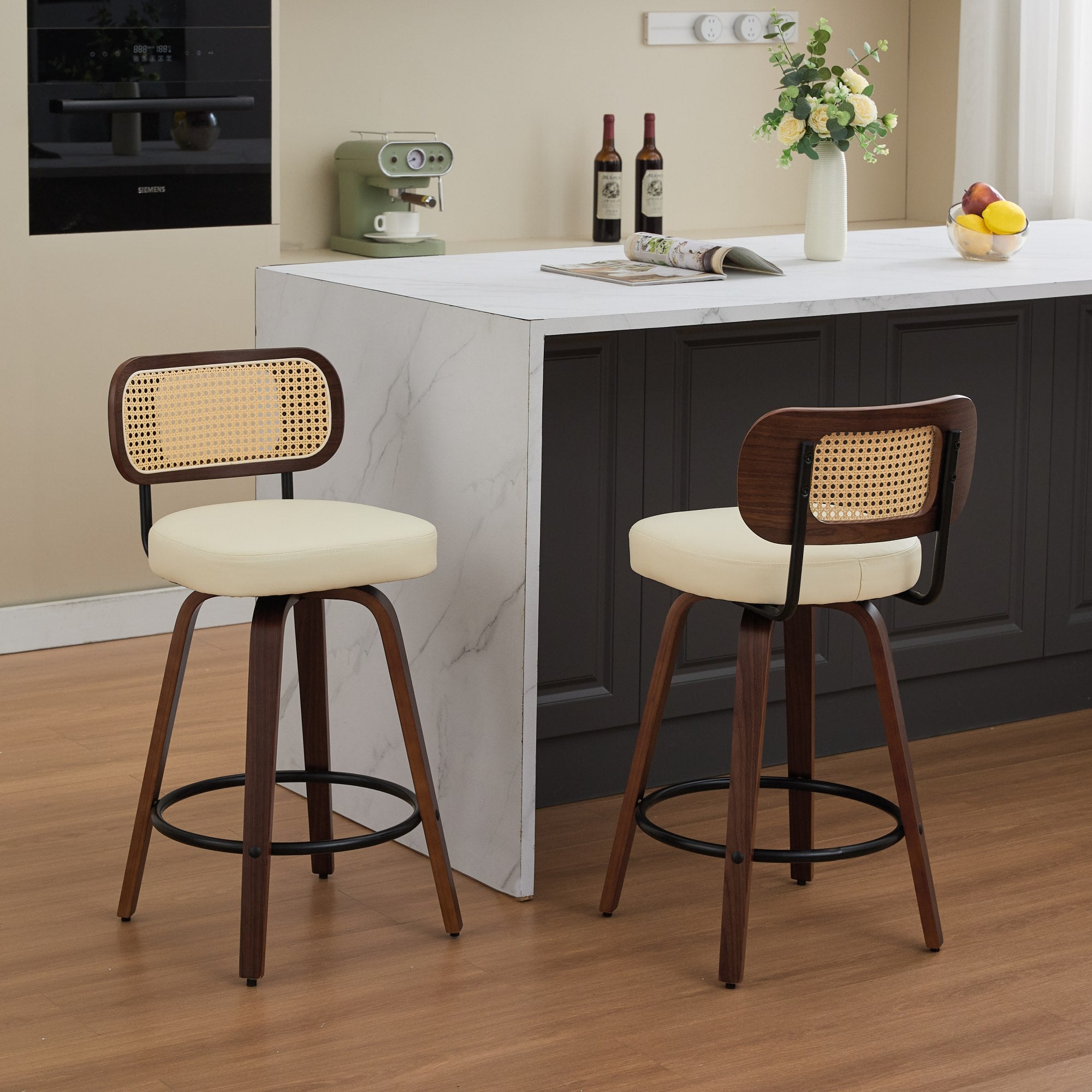 Set of 2 Counter Height Bar Stools, 26 Inch Swivel Rattan Cane Back with Upholstered Seat, Walnut and Beige