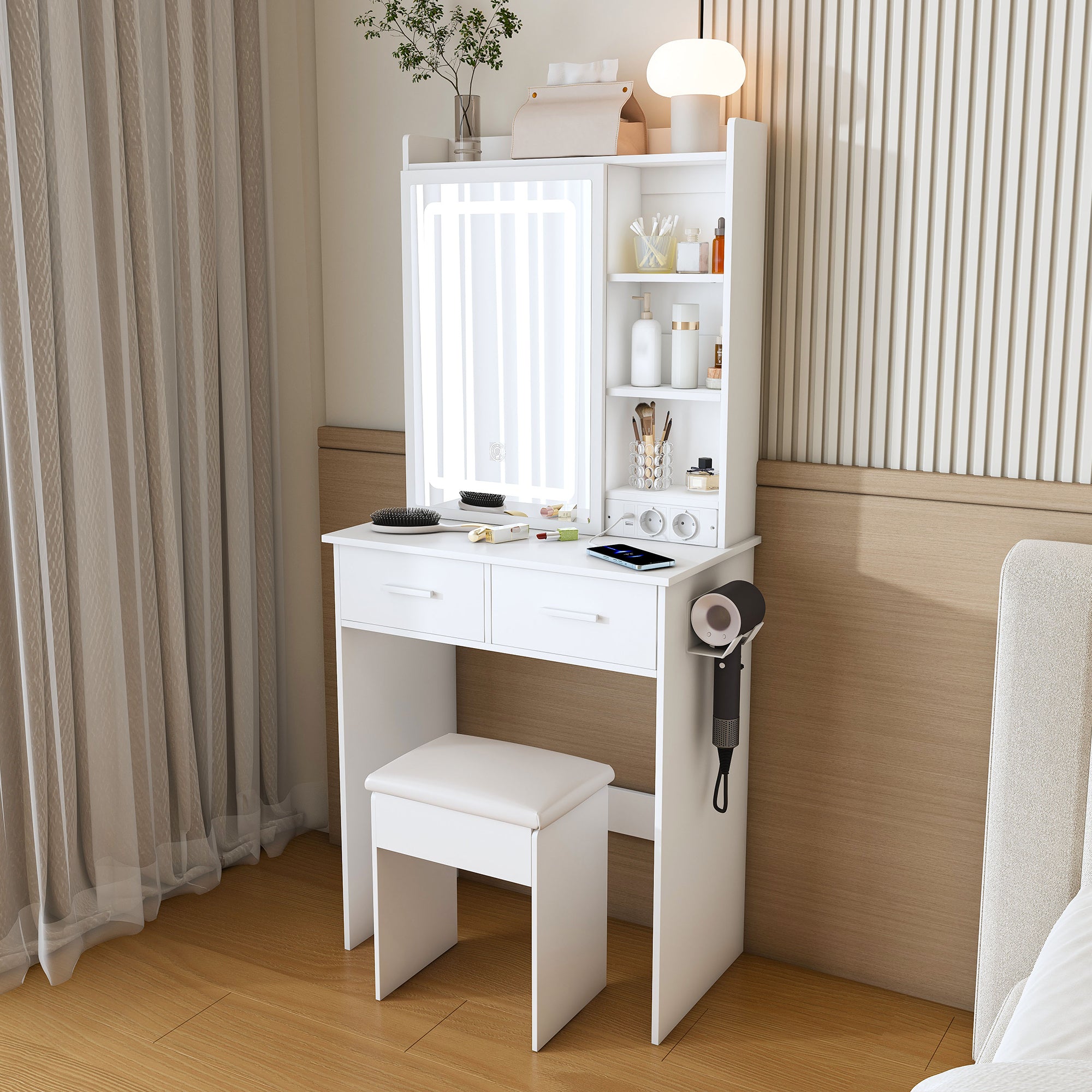 Dressing Table, Small with LED Mirror, Stool, Hidden Storage, White