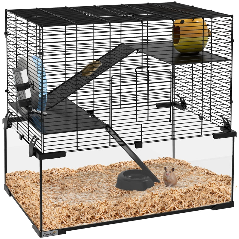 Hamster/Gerbil Cage with Deep Glass Bottom, Non-Slip Ramps, Platforms, Hut, Exercise Wheels, Water Bottle, Dish
