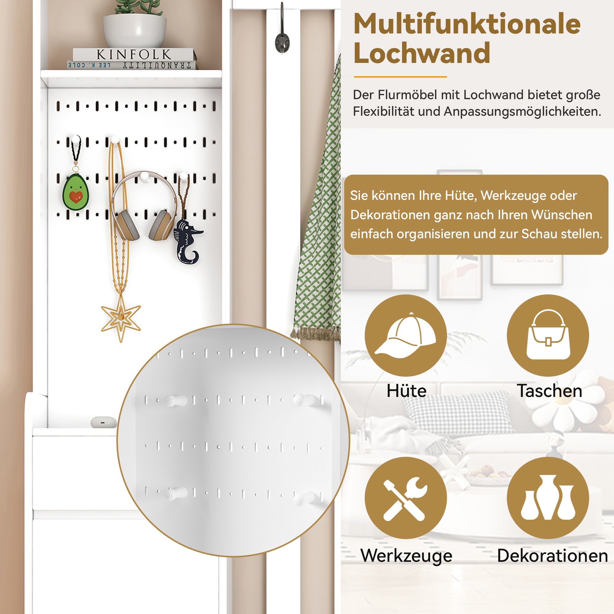 Hallway coat rack with padded storage bench and pegboard, with 4 hooks, white