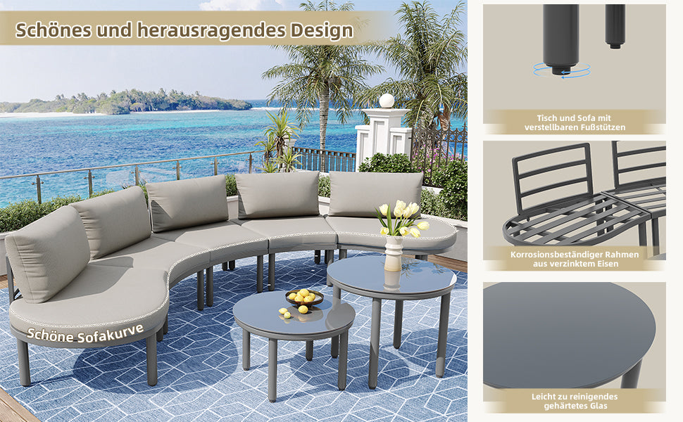 Garden furniture set 5-seater 2 coffee tables with grey cushions and pillows galvanized iron