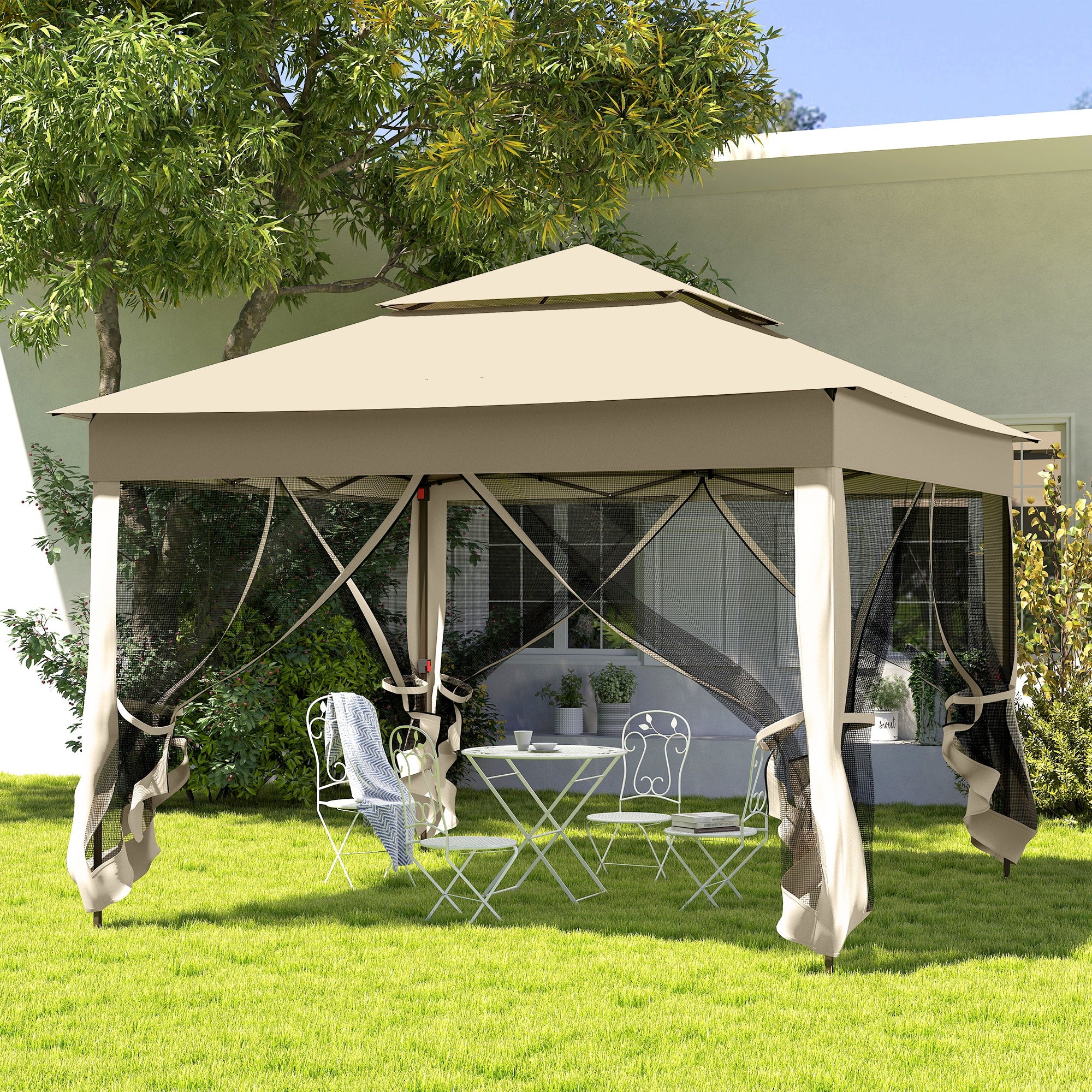 Pop Up Gazebo, 3x3m Double-Roof with Netting and Carry Bag, Cream White