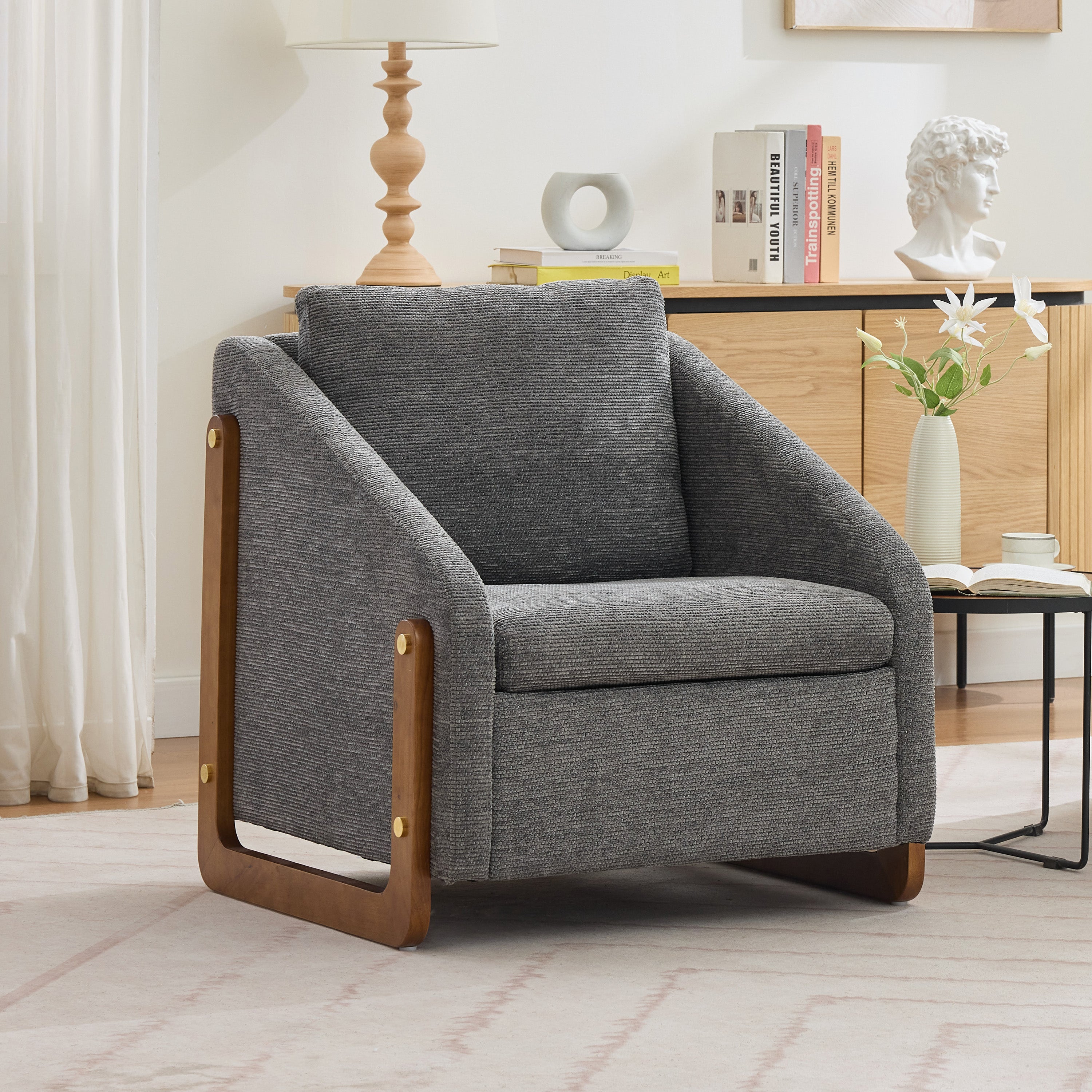 057 Armchair, Accent Lounge Chair with Wooden Armrests & Back Cushion, Grey Chenille Fabric