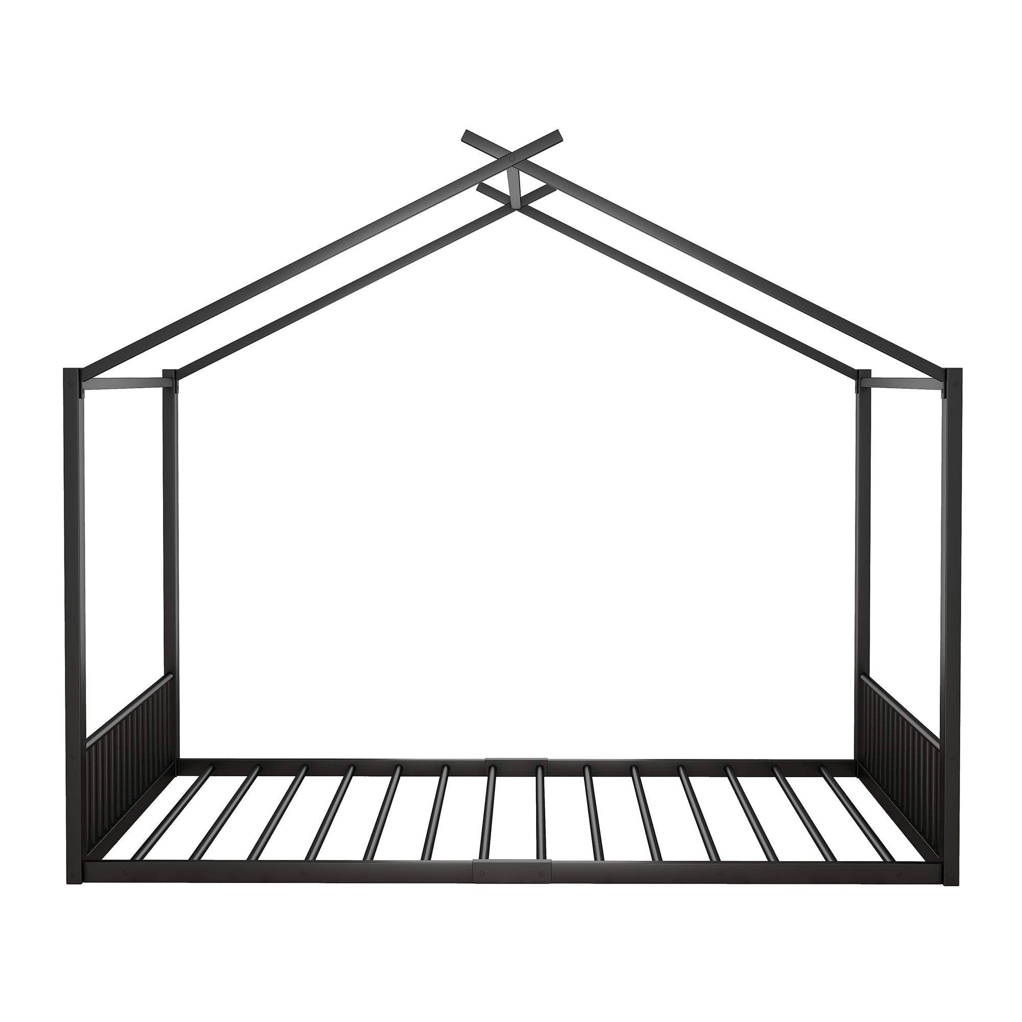 Children's Bed, 140x200cm House Rail Iron Frame, Black