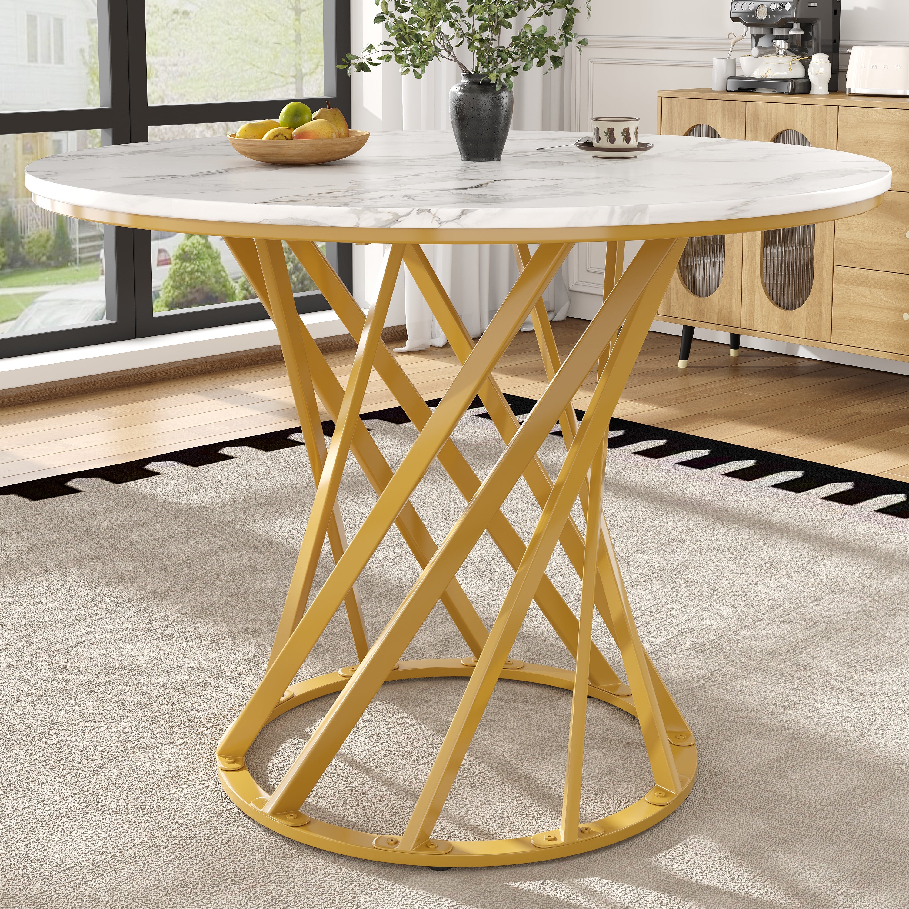 Round Dining Table 80cm for 4 Marbled MDF Top Metal Legs Gold