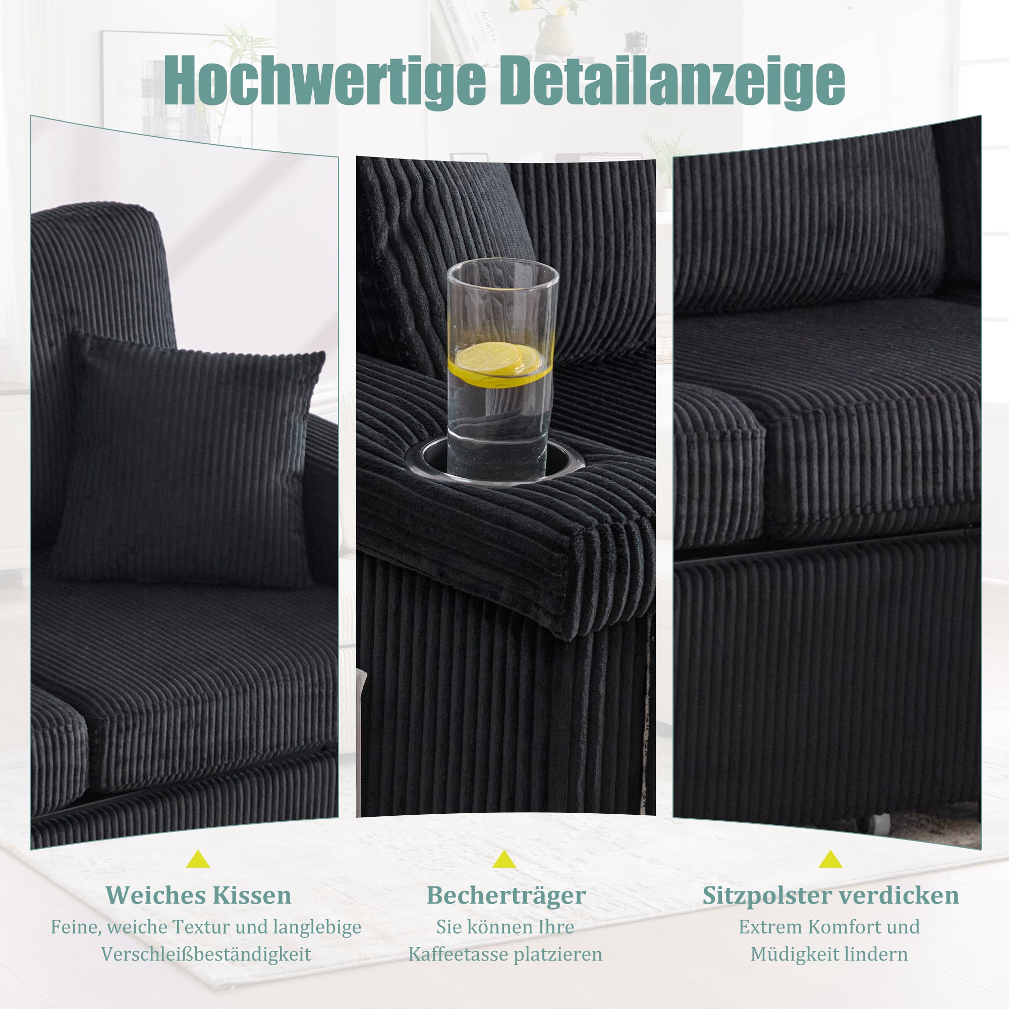 Velvet Sofa with LED & USB-C, Storage Footrest, Cup Holders, Black