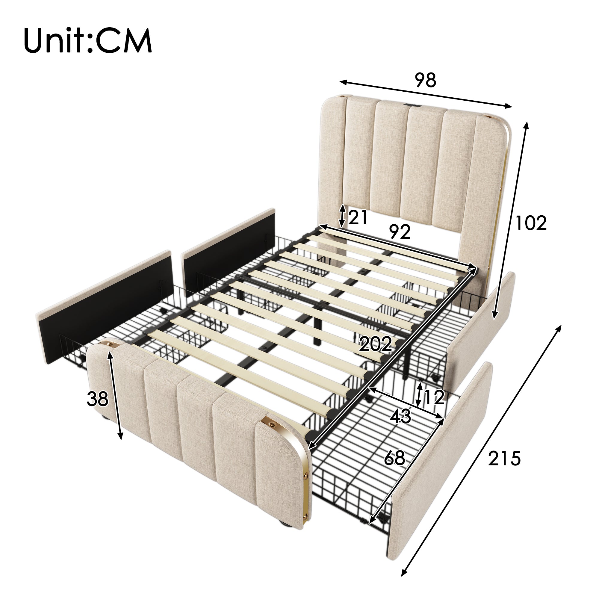 Upholstered Single Bed, USB Type-C Charging, 90x200cm, 4 Drawers, Beige Linen