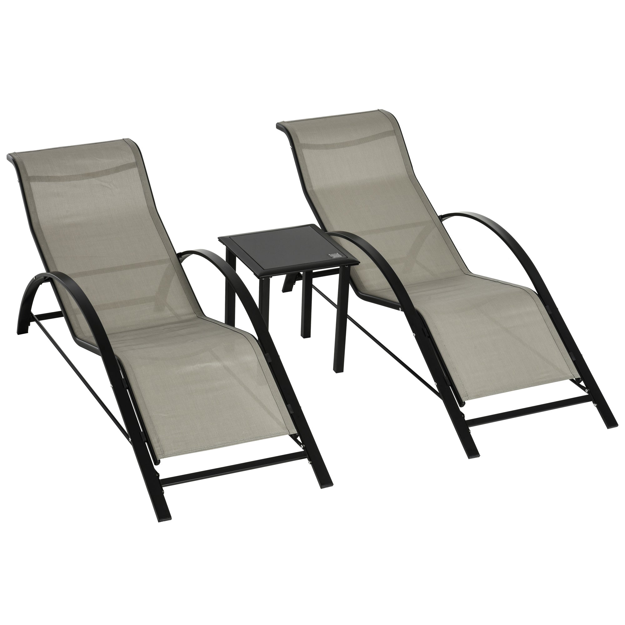 3 Pieces Sun Lounger Chair Set, Outdoor Recliner with Side Table and Armrest, Metal Frame, Grey