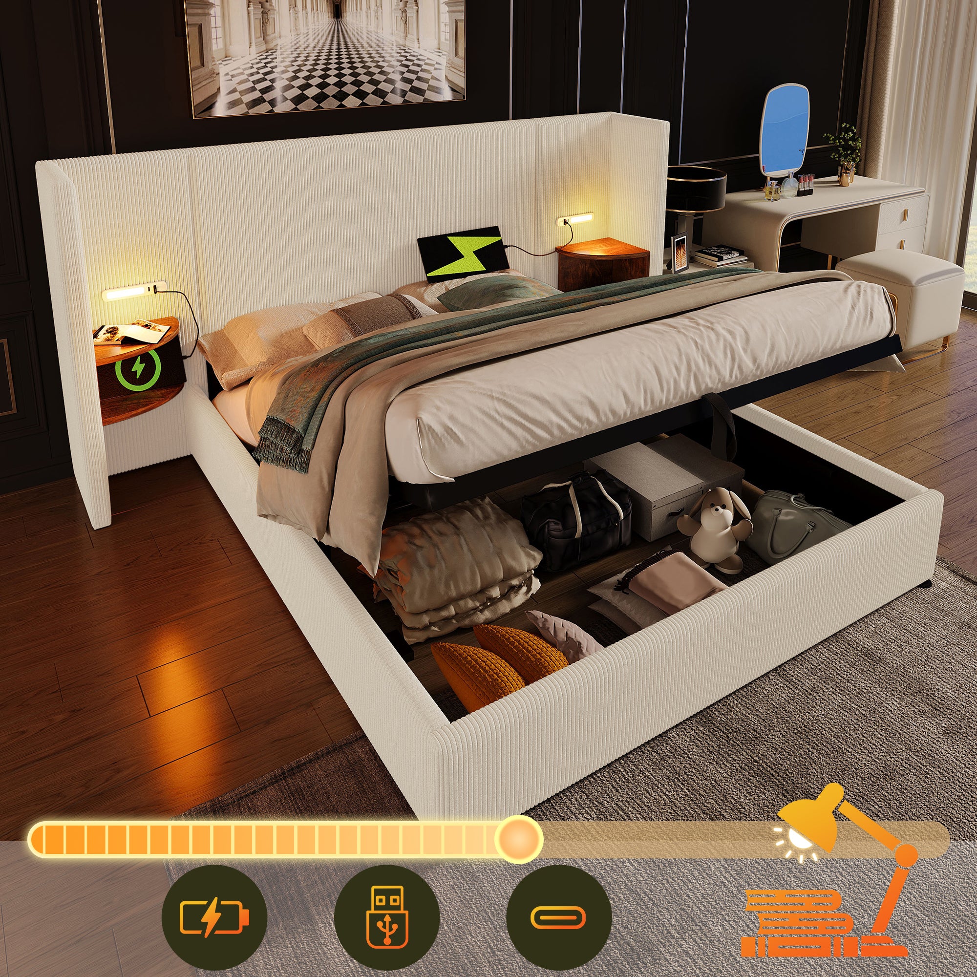 Upholstered Double Bed 180×200 with Bedside Table, Reading Lamp, USB-C, Solid Wood & Metal Frame, Beige-White Corduroy