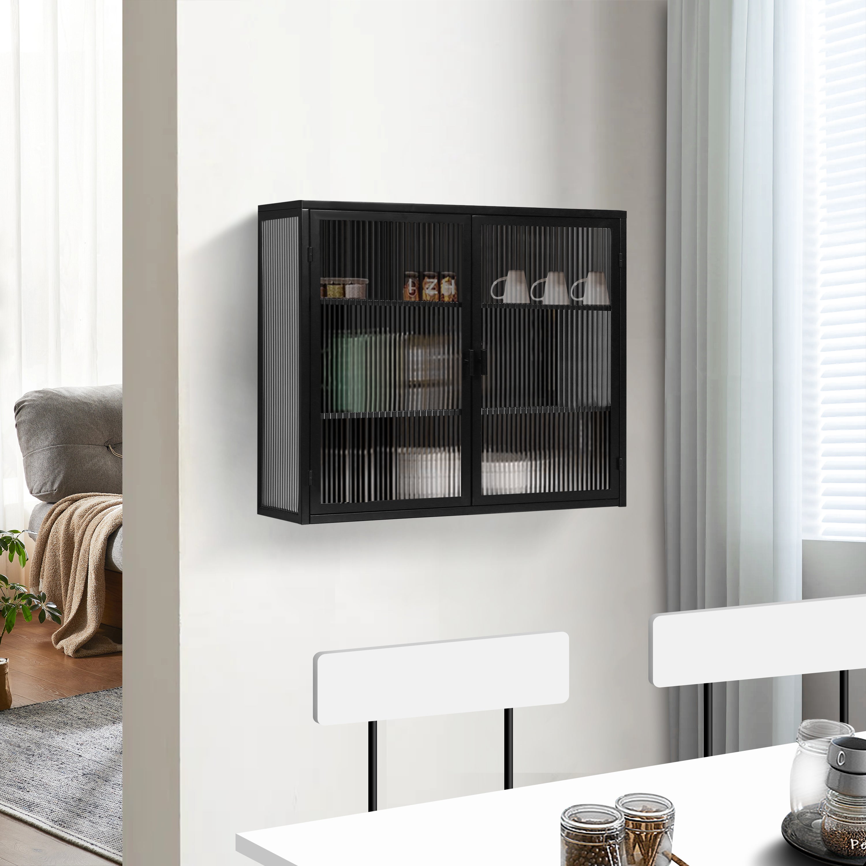 Wall Cabinet 70cm Glass Door Two-Door Three-Tier Storage, Black