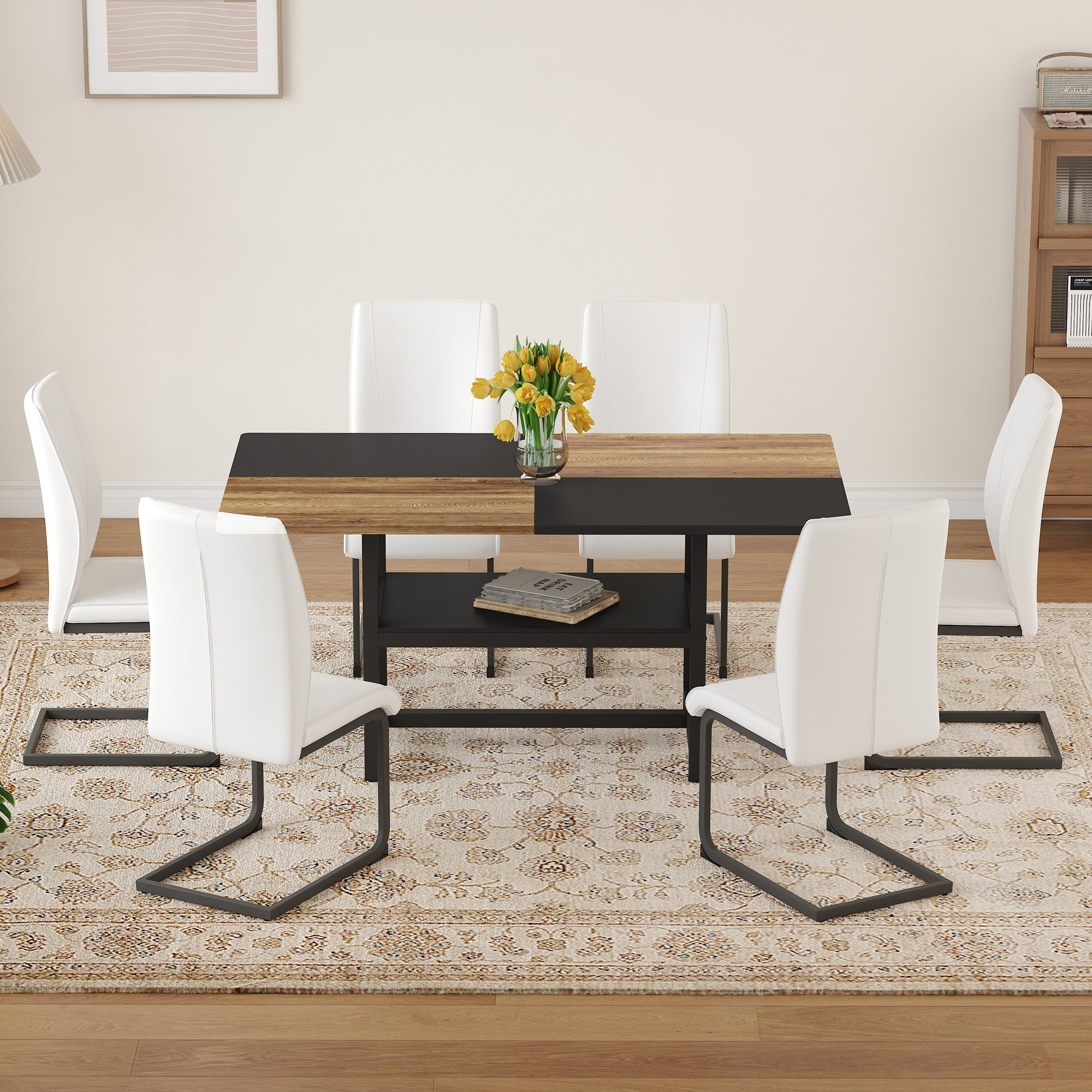 Table Set, Rectangular Dining Table with Storage Shelf and 6 Armchairs 160x90x76 cm, White Faux Leather