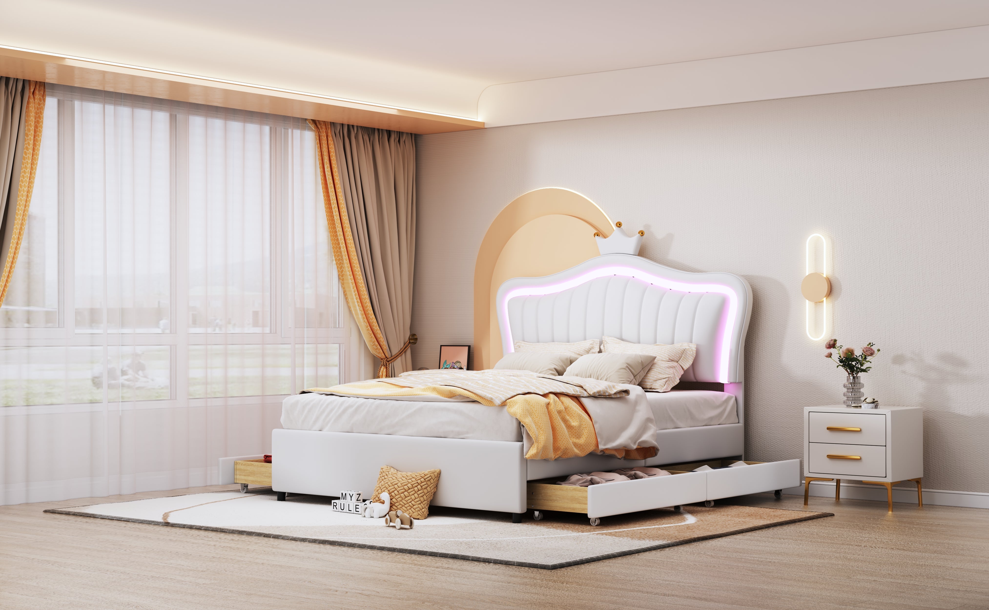 Children's Bed Upholstered with Storage Drawers & LED Lights, White PU Leather