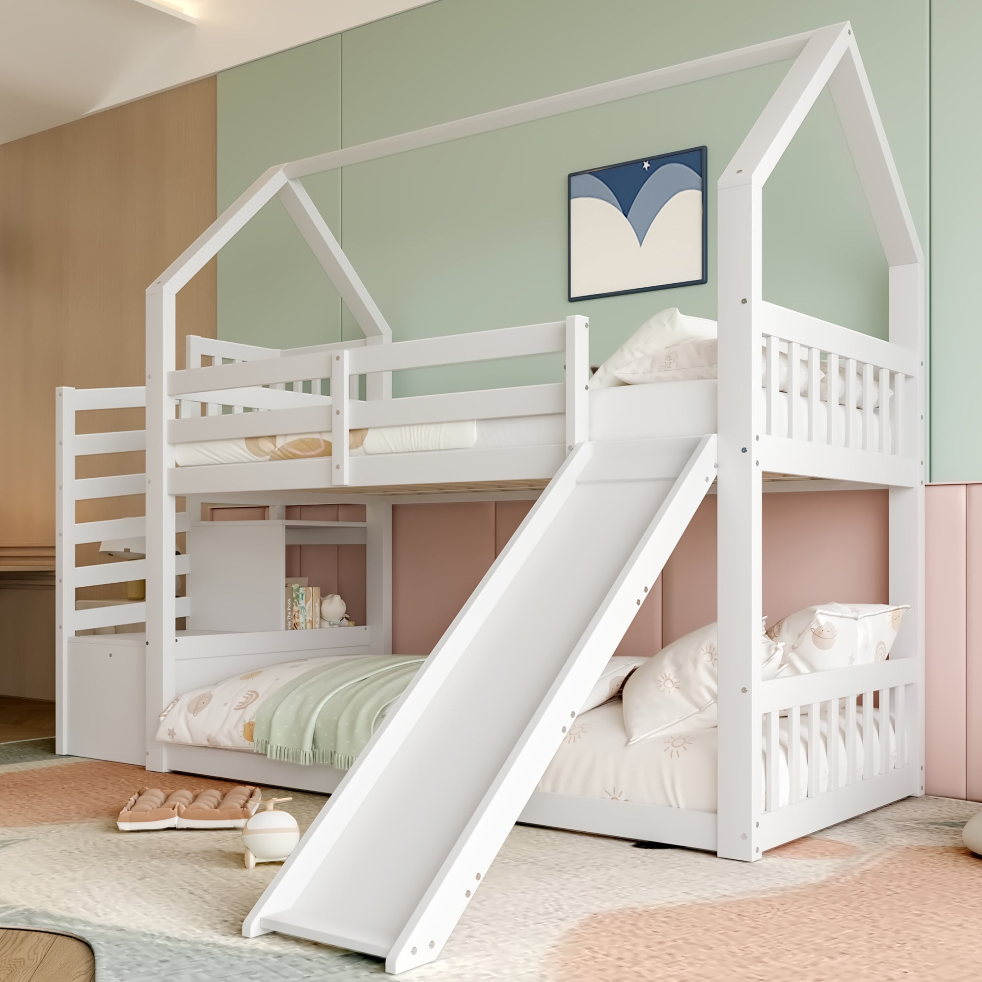 Bunk Bed House 90x200cm Storage Stairs Slide Railing - White