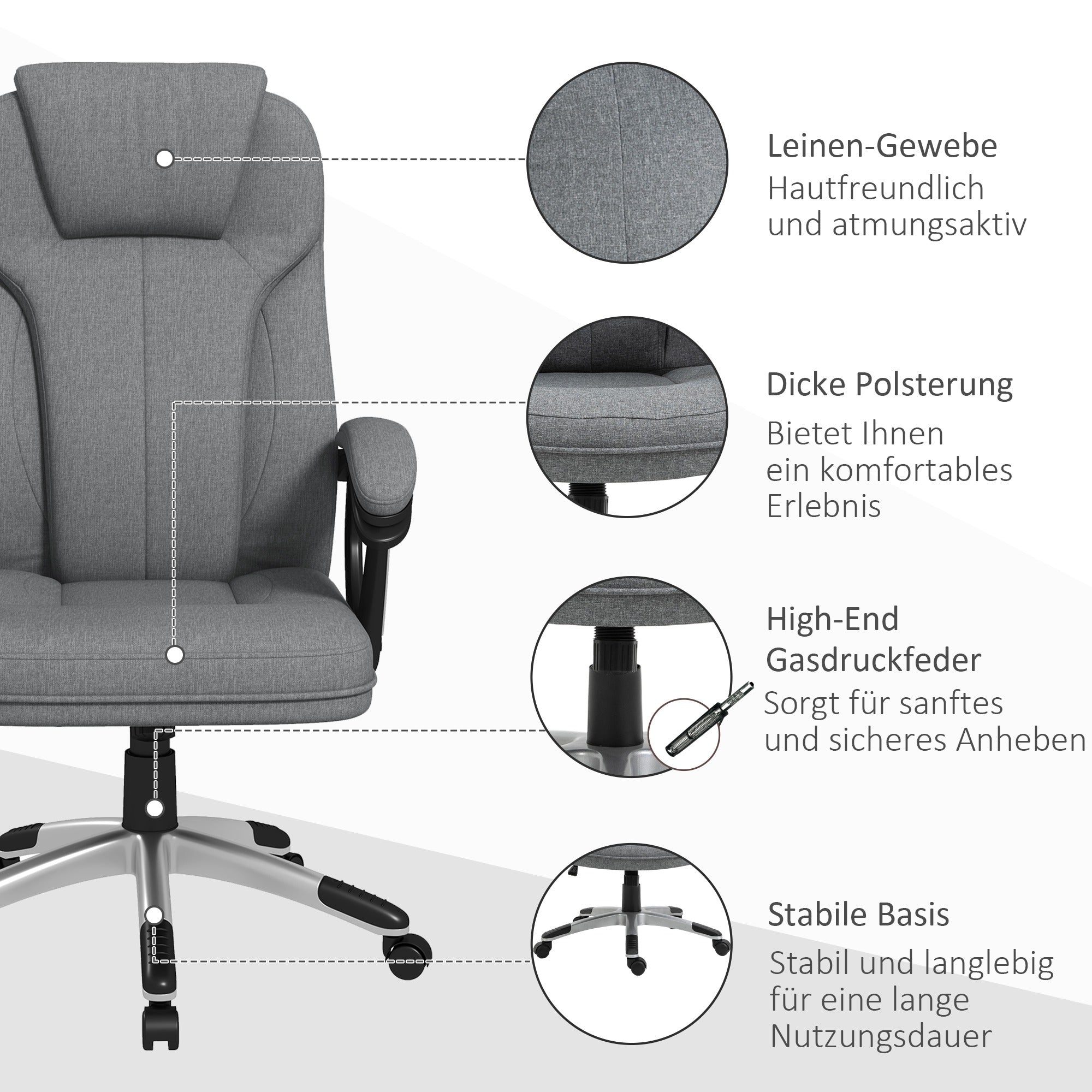 Vinsetto Office Chair Ergonomic Computer Rocking Function with Armrests, Grey Linen Look