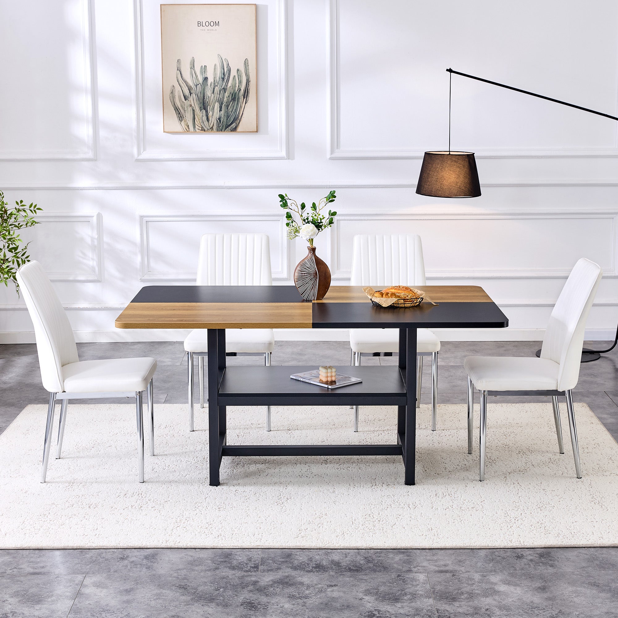 Table Set, Rectangular Dining Table with Storage Shelf and 4 Armchairs, White Faux Leather