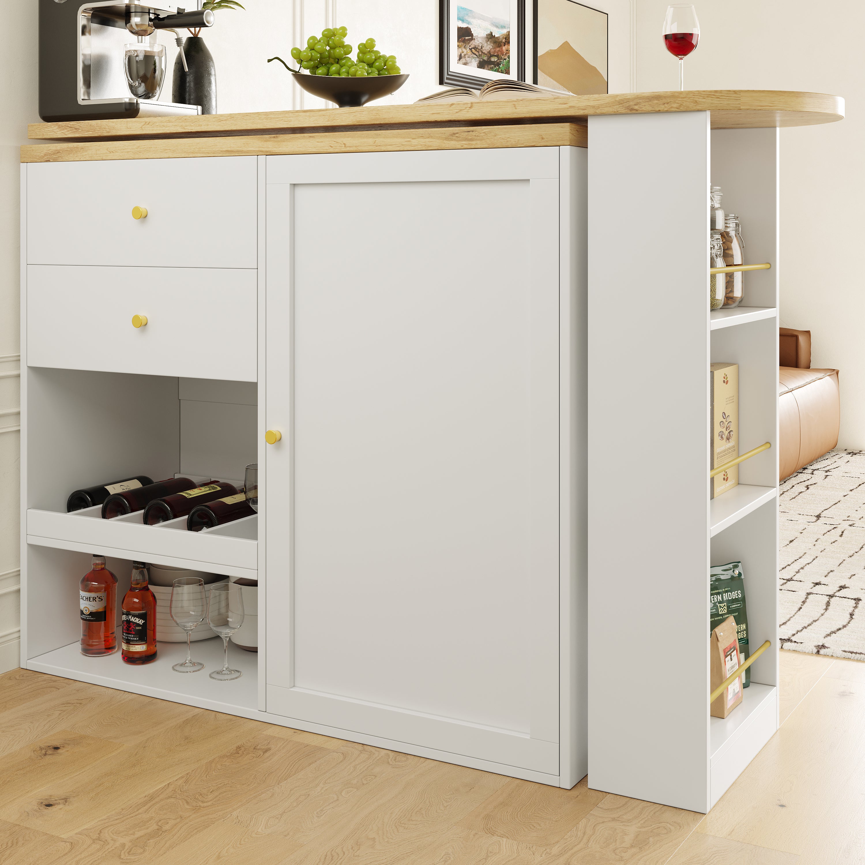 Rotating Bar Table 2 Drawers Sliding Cabinet Open Storage