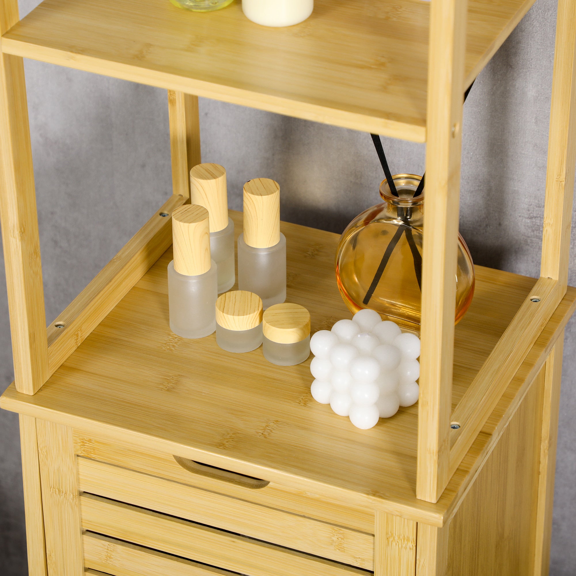 kleankin Bathroom Cabinet, 3 Open Compartments, 1 Cupboard, Bamboo