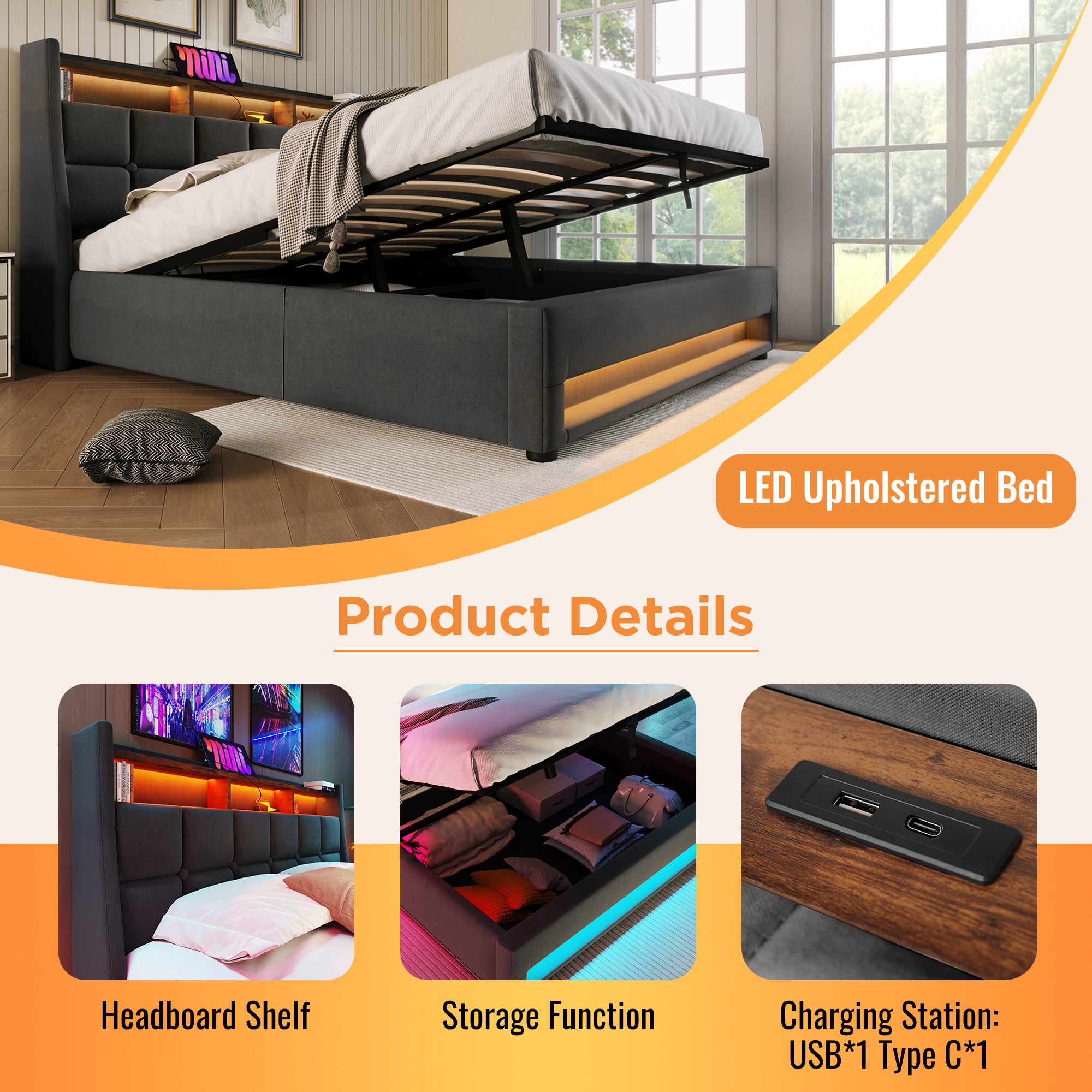 Upholstered Double Bed with LED Lighting, USB Charging, Storage Headboard, 5FT King Size, Linen Grey