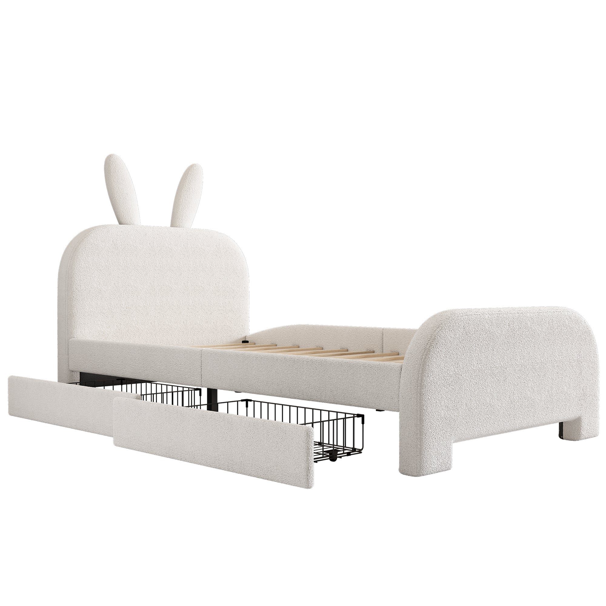 Flat Bed 90x200cm Padded Rabbit Shape 2 Drawers - White