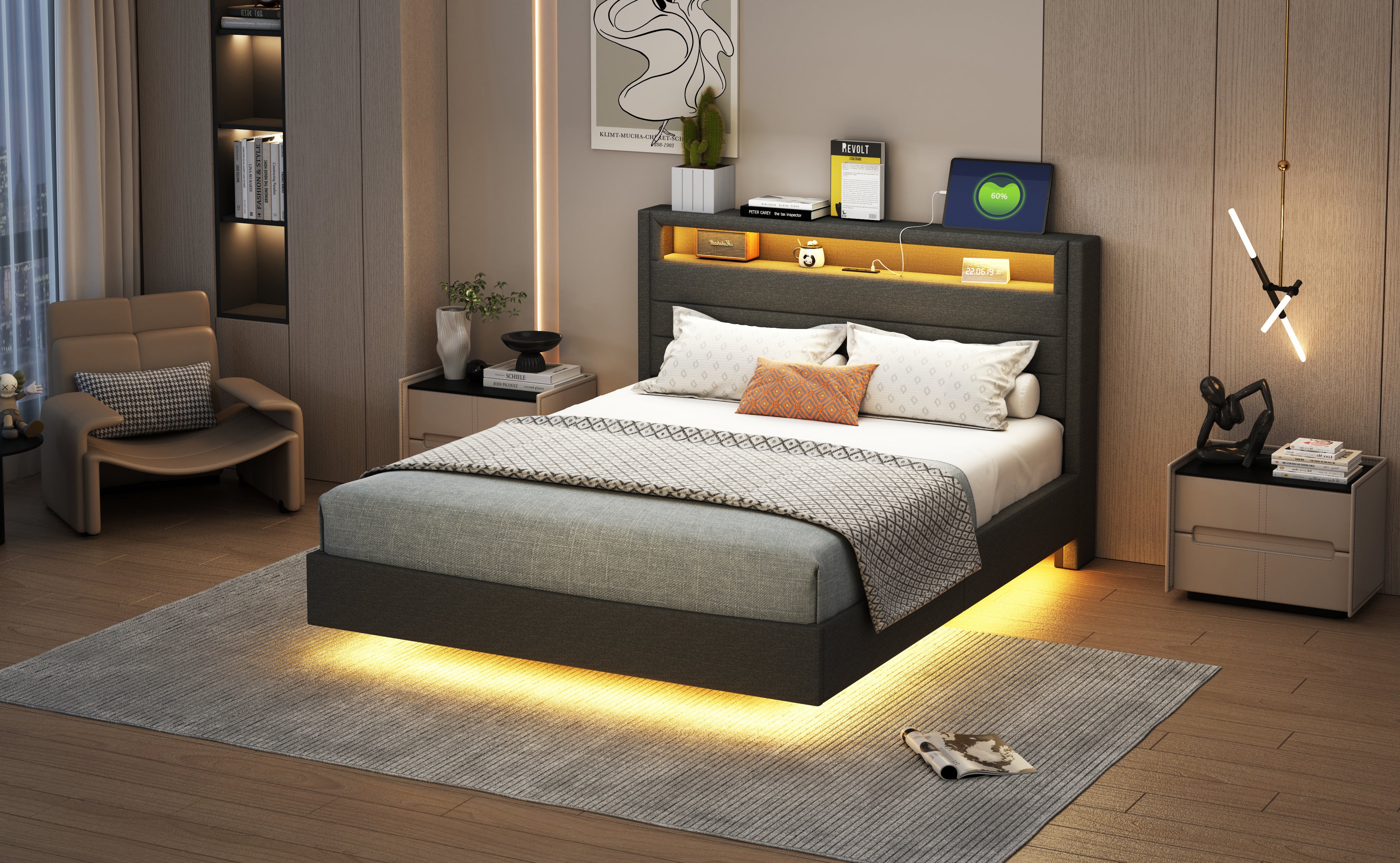 Upholstered Bed 140x200cm, USB & LED, Reversible Headboard, Linen Fabric Grey