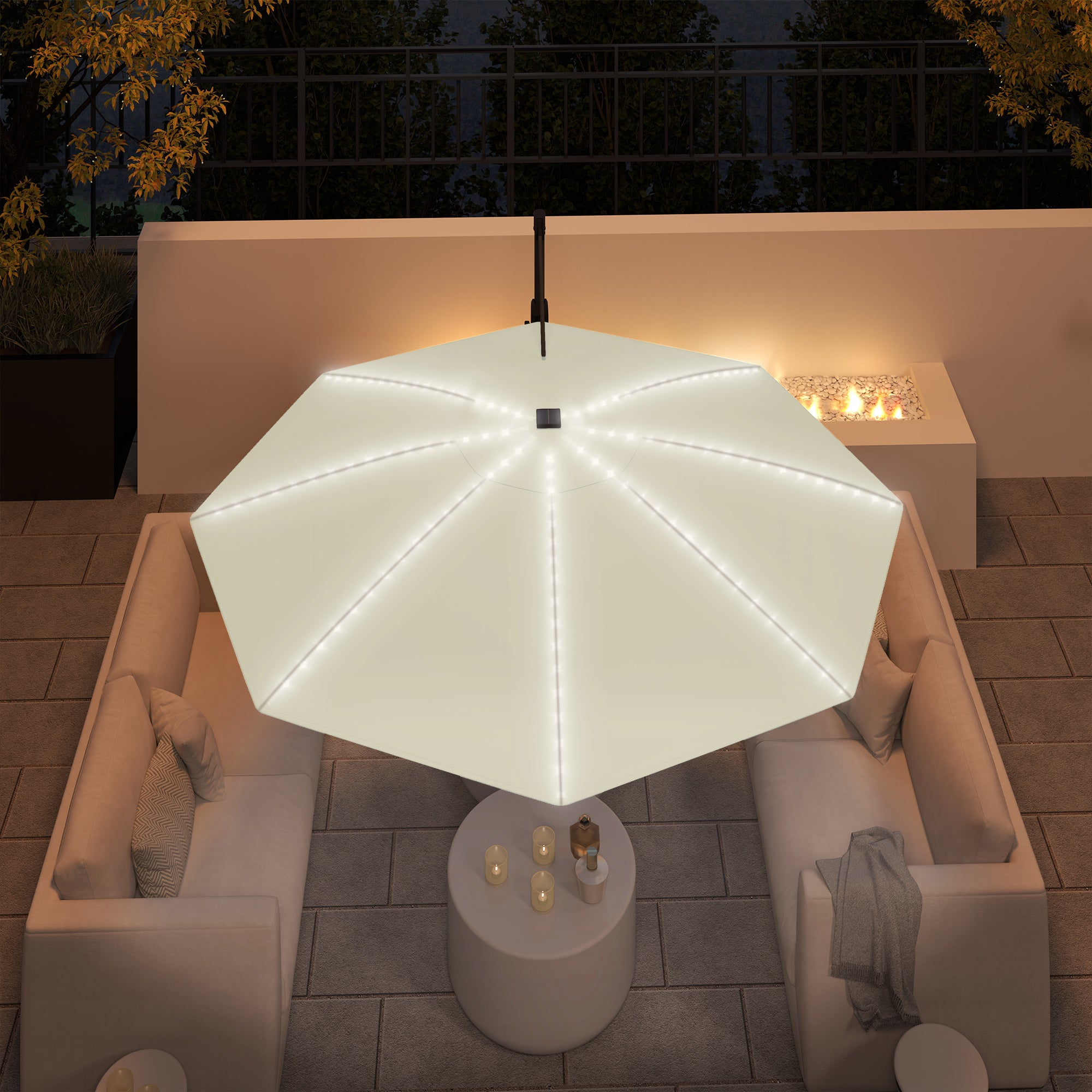 Cantilever Garden Parasol with Solar Lights, 360° Rotation, Cream