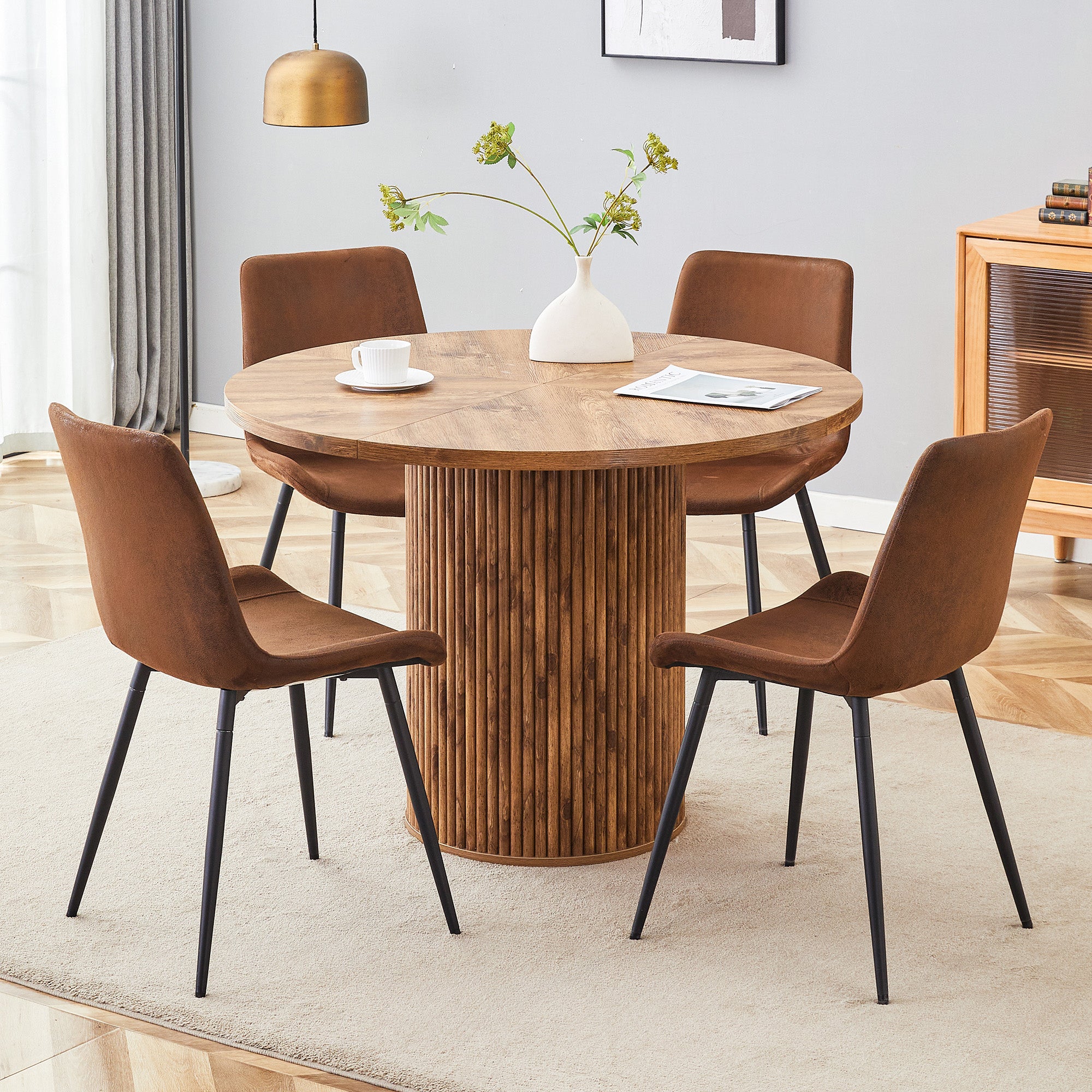 Minimalist Round Dining Set 100cm Table 4 Chairs MDF Wood Look/Brown Fabric