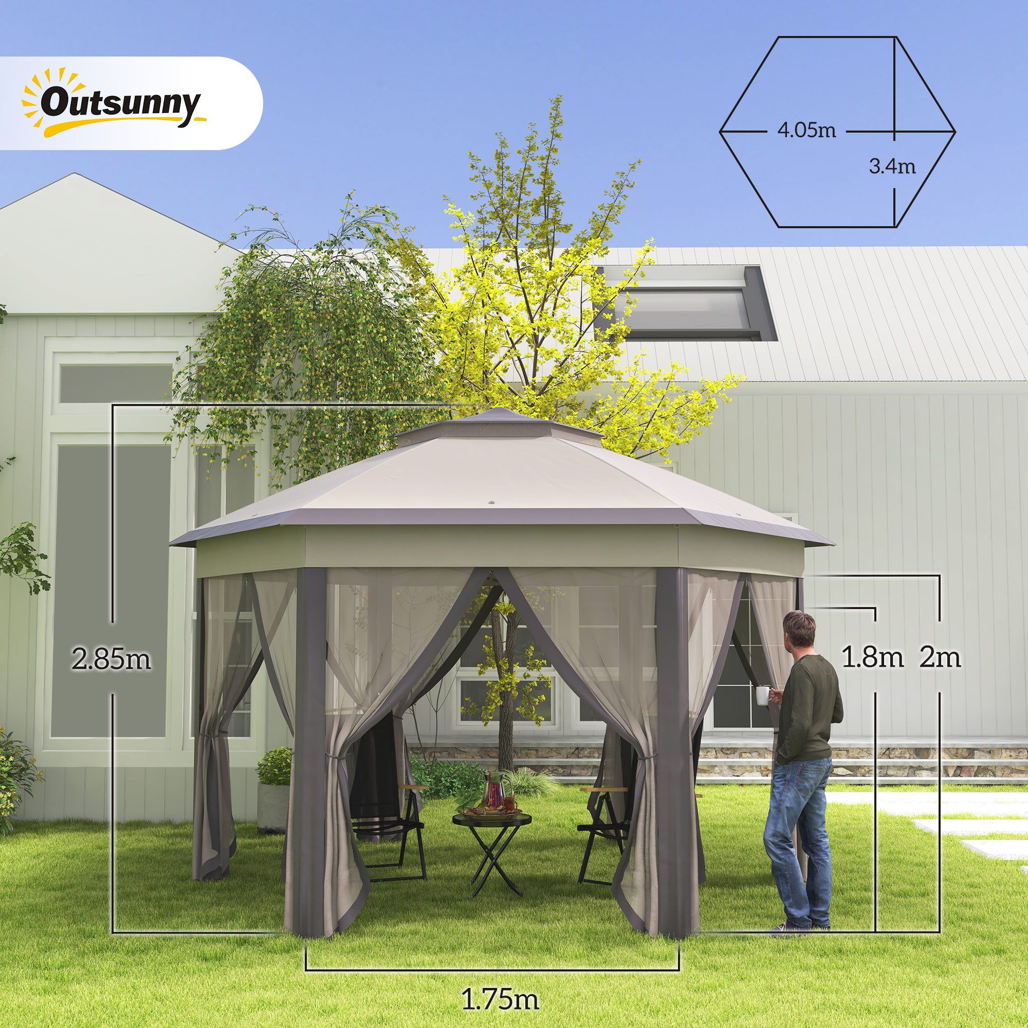 Garden Gazebo Hexagon Pop Up Tent Double Roof Instant Shelter with Netting, Beige