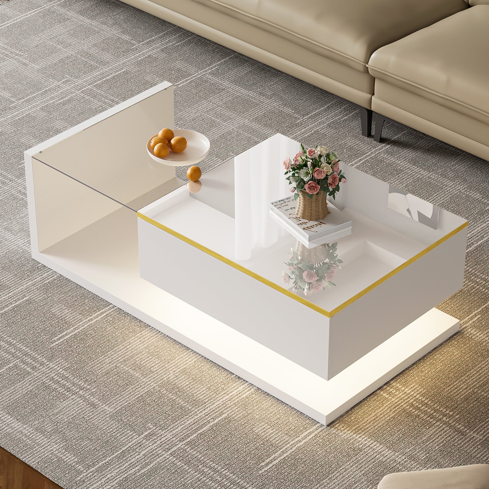 Coffee Table 100cm Long Glass LED Effect High-Gloss White