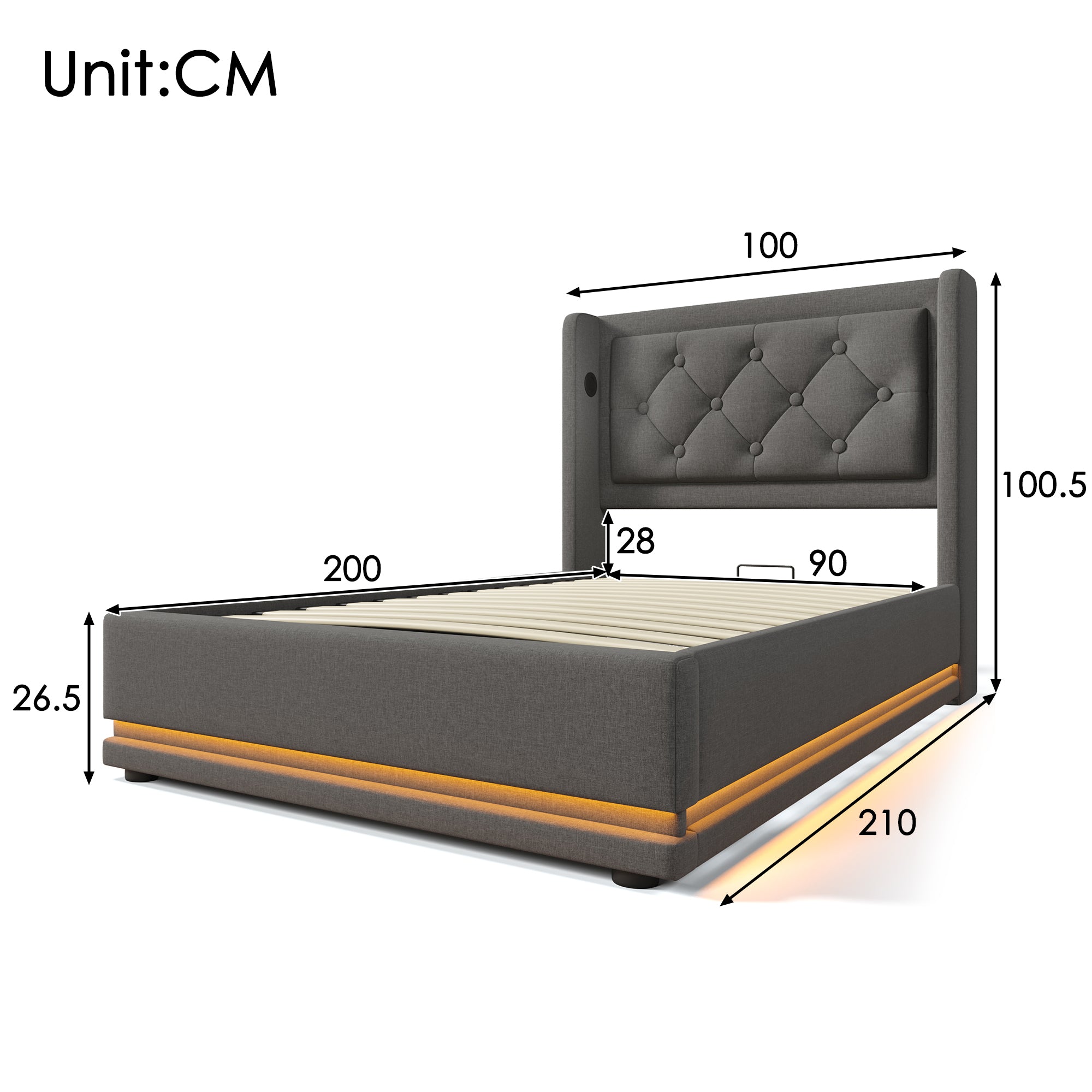 Upholstered Single Bed, Hydraulic Storage with USB & LED, Gray Cotton