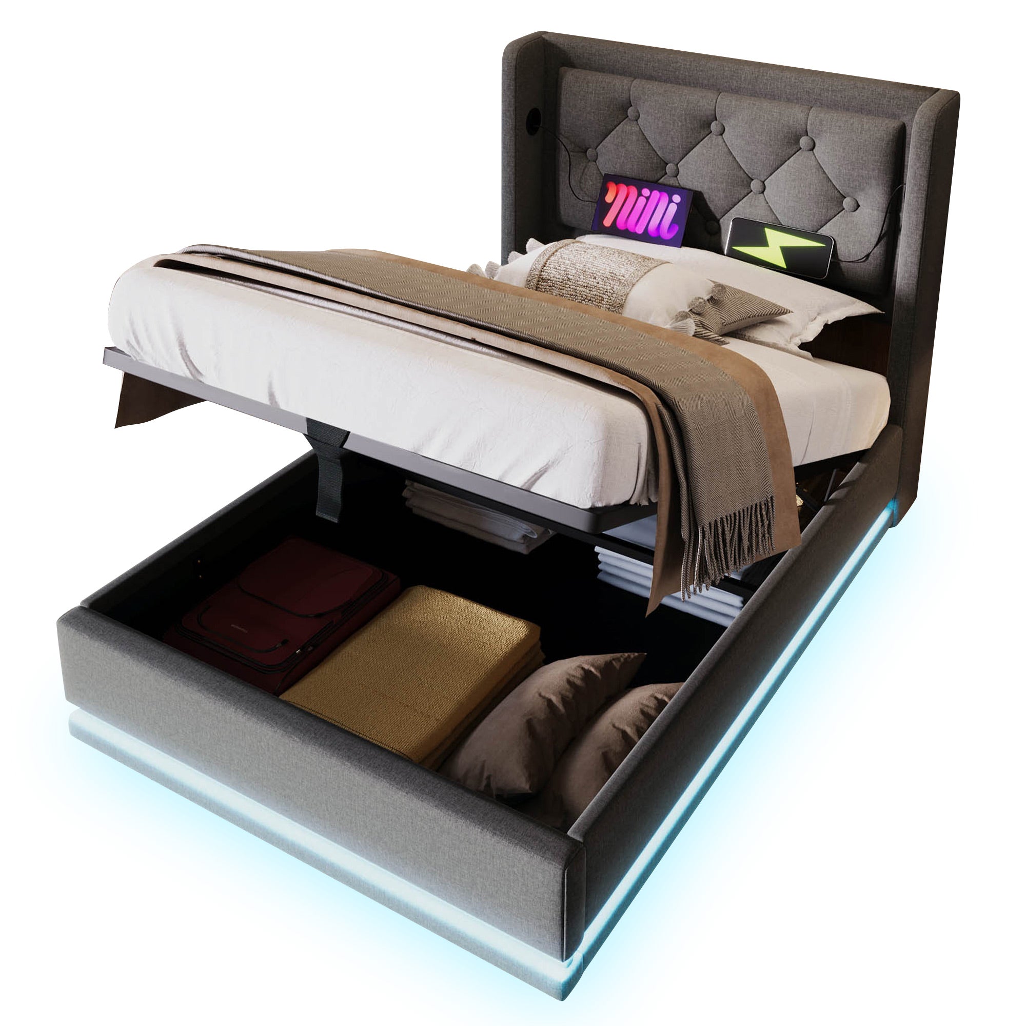Upholstered Single Bed, Hydraulic Storage with USB & LED, Gray Cotton