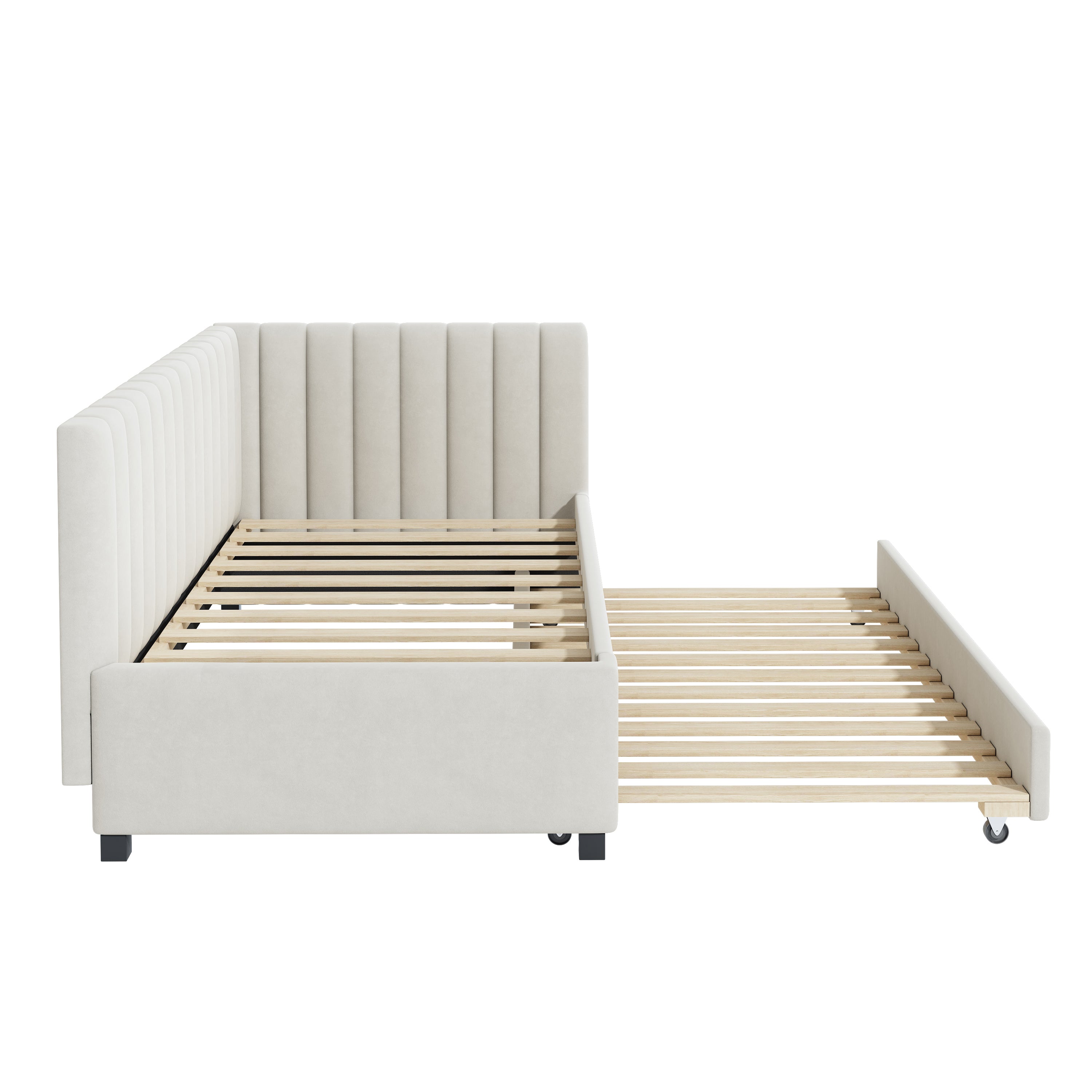 Upholstered Bed 90*200, Pull-Out Sofa Bed, Multifunctional with Slatted Frame, Velvet Fabric Beige